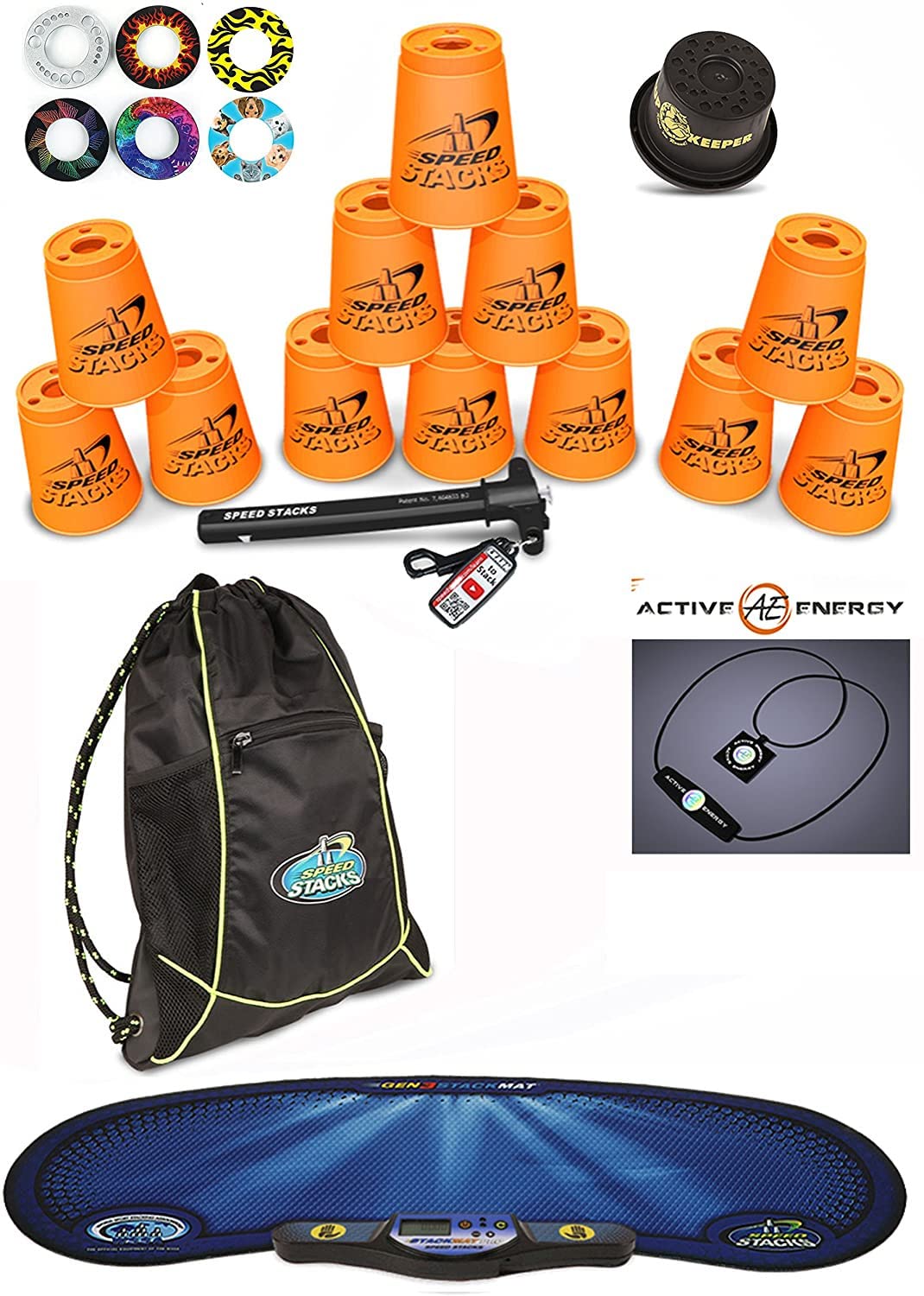 Speed Stacks Custom Combo Set - 12 Orange Sport Stacking Cups with Cup Keeper, Quick Release Stem, Pro Timer, Gen3 Mat, 6 Snap Tops & Stacker Backpack | FREE Bonus: Active Energy Power Balance Necklace ($49 Value) | Perfect for Speed Stacking Competitions, School PE Classes & Family Game Nights
