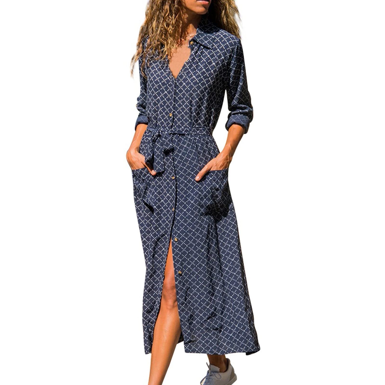 Women's Casual Summer & Autumn Floral Print Button-Down Bandage Waist Shirt Dress - Long Sleeve Cool Comfortable Dress for Work, Date Night & Vacation Outfits