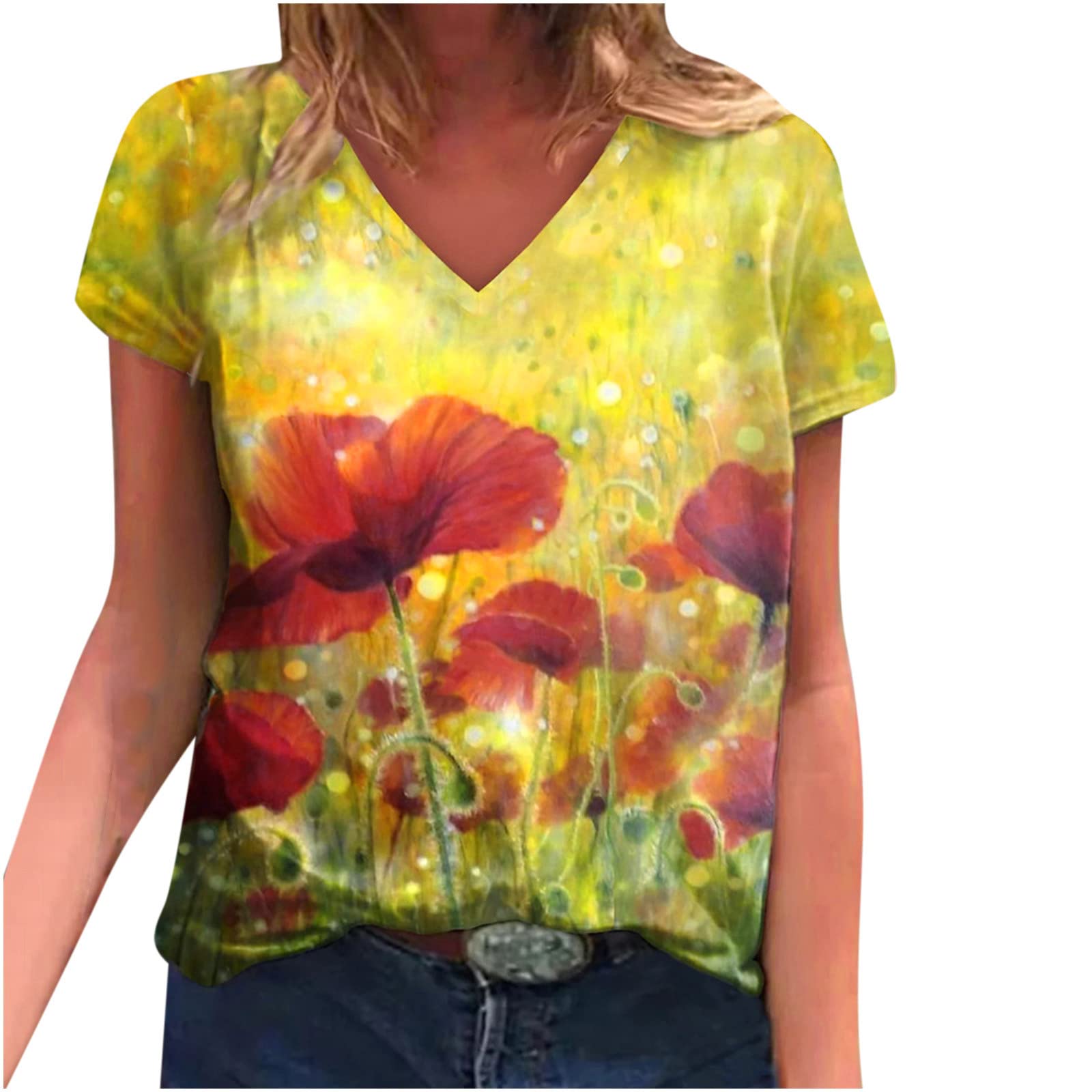 Women's Casual Floral Printed V-Neck Short Sleeve T-Shirt - Summer Beach Blouse Top for Outfits, Vacation & Daily Wear