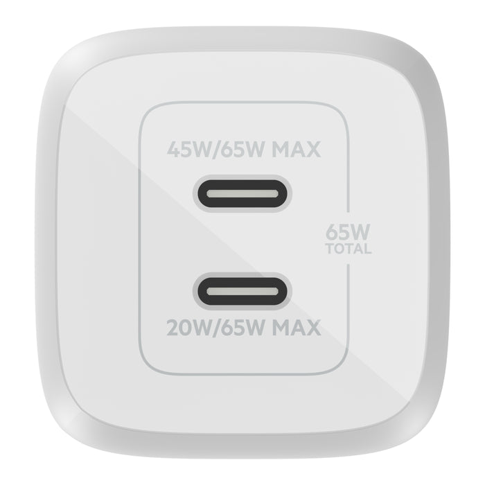 Belkin 65W Dual USB-C GaN Wall Charger with PPS - Fast Charging for iPhone, MacBook, Samsung - Compact & Powerful for Travel, Home & Office (White)