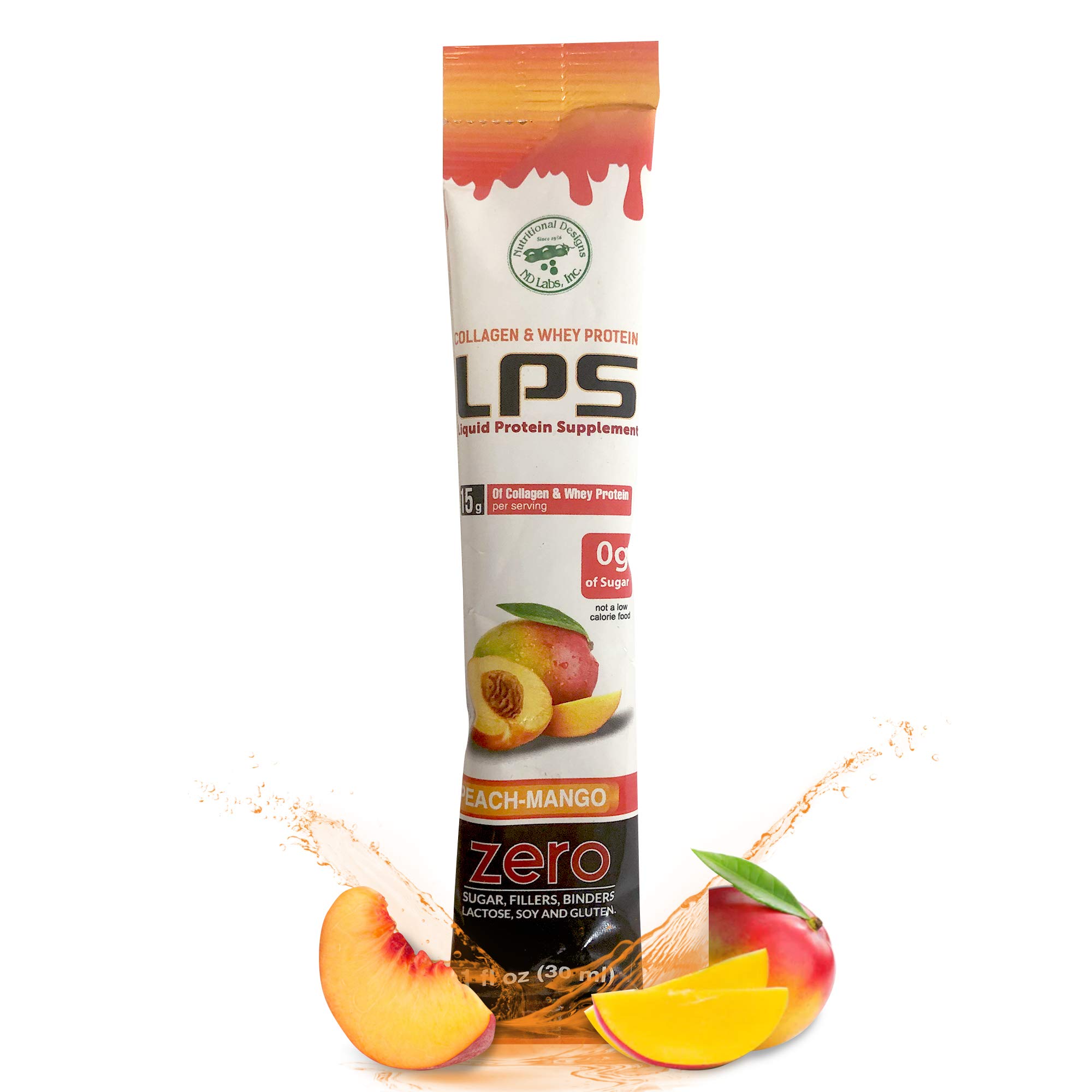 Nutritional Designs LPS Liquid Collagen & Whey Protein Powder Supplement - Sugar-Free, Non-GMO Drink for Healthy Skin & Hair - Peach Mango Flavor (50 Single Serve Packets) | Post-Workout Recovery & Beauty Boost for Men & Women