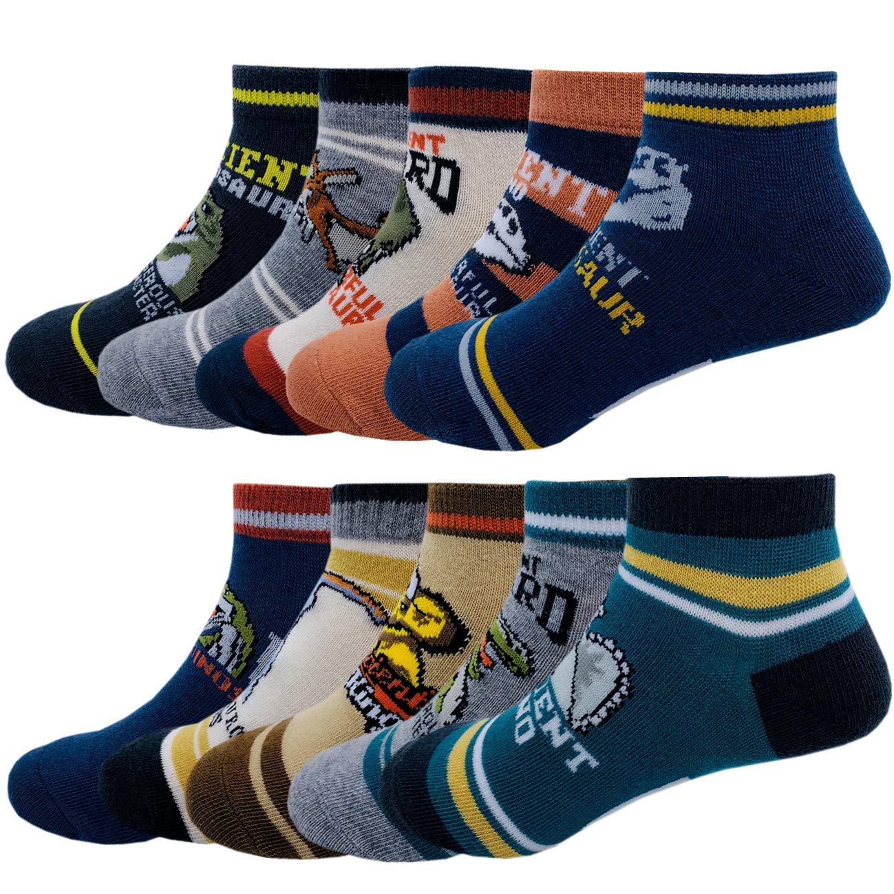 Dinosaur Crew Socks for Boys - 10 Pack Cotton Kids & Youth Socks - Perfect for School, Sports & Everyday Wear
