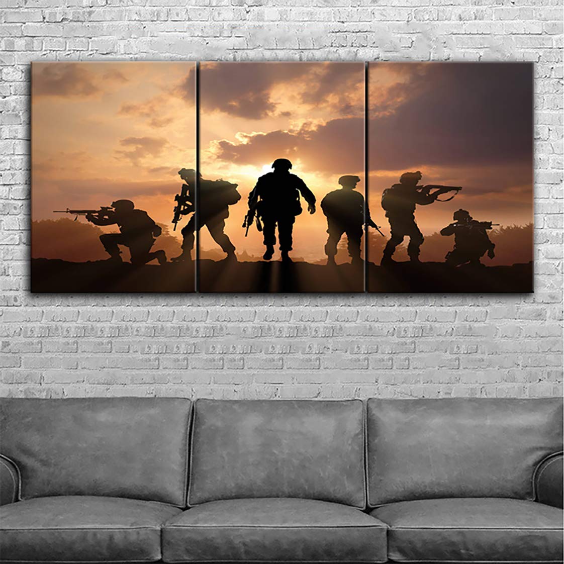 American Soldier Wall Art - Military Army Troops Silhouette Canvas Prints - Modern Home & Office Decor - 3 Panel Framed Ready to Hang - Perfect for Living Room, Bedroom, or Man Cave