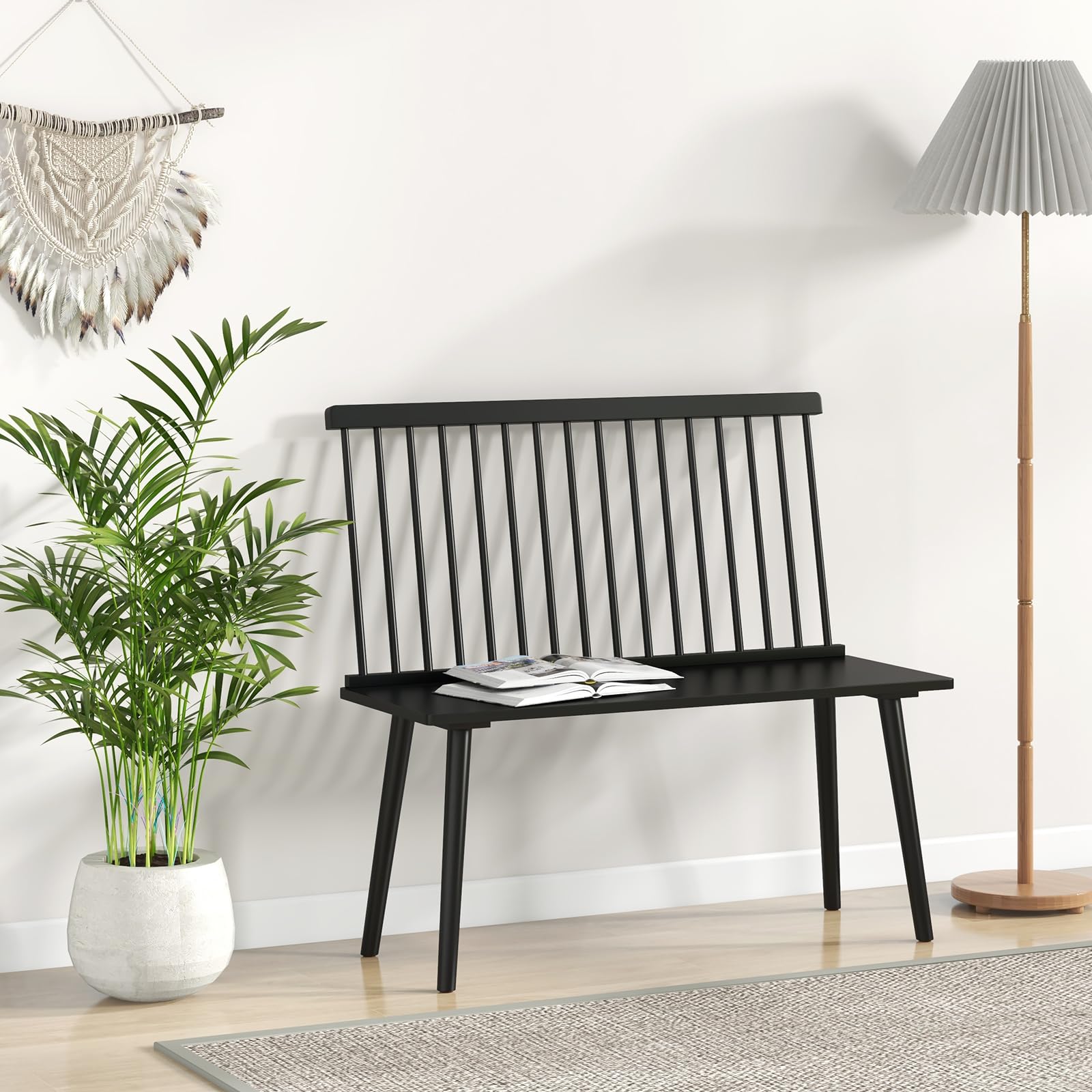 Giantex Black Windsor Dining Bench with Spindle Back & Anti-Slip Foot Pads - Farmhouse Style Rubber Wood Entryway Bench for Living Room, Dining Room, Hallway - Perfect for Farmhouse Decor, Small Space Seating & Cozy Home Entryways