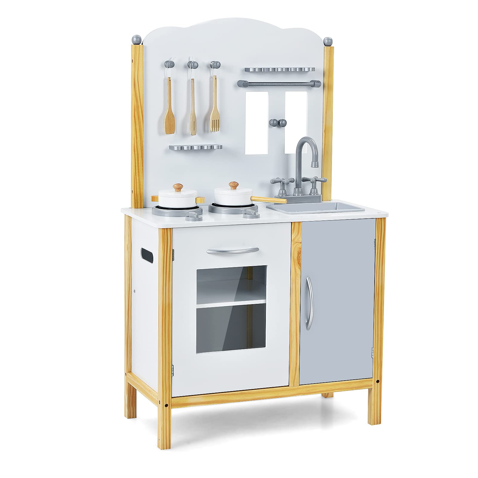 Costzon Wooden Kids Kitchen Playset for Toddlers - Pretend Play Cooking Toy with Sink, Oven, Stove & Storage Cabinet - Realistic Chef Role Play Set for Boys & Girls Ages 3-7 (White) | Perfect for Preschool Learning, Birthday Gifts & Indoor Imaginative Play