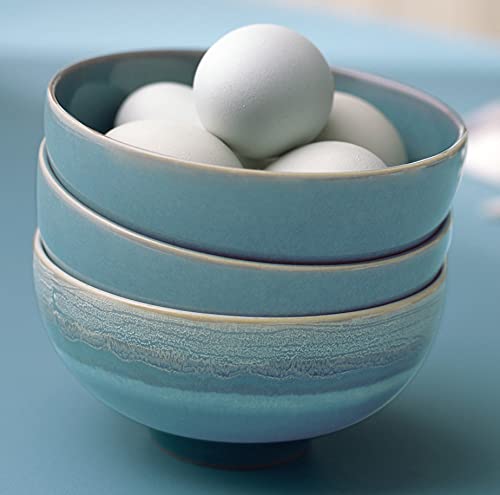 Denby Azure Blue Rice Bowls Set of 4 - 13cm (480ml) Microwave & Dishwasher Safe Ceramic Stoneware - Crack Resistant Soup & Salad Bowls for Home & Restaurant Use - Elegant Blue Tableware for Asian Cuisine & Everyday Dining
