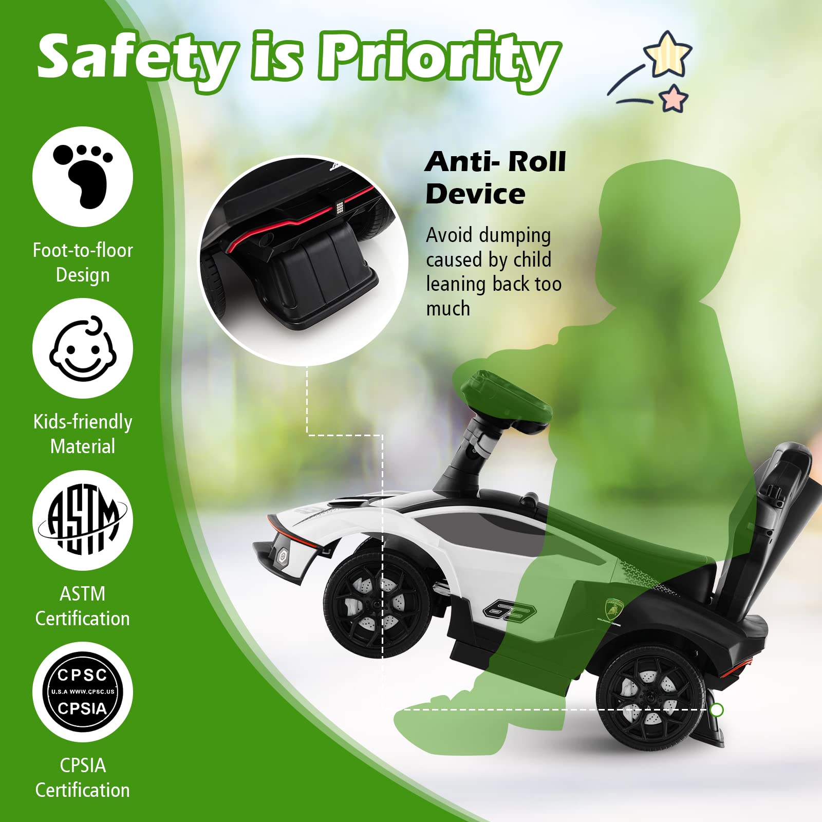 Costzon 3-in-1 Push Car for Toddlers - Licensed Lamborghini Stroller, Ride-On Toy with Handle, Armrest Guardrail & Storage - Foot-to-Floor Walking Car with Horn - Perfect Gift for Boys & Girls (White) - Indoor & Outdoor Play, Birthday & Holiday Present