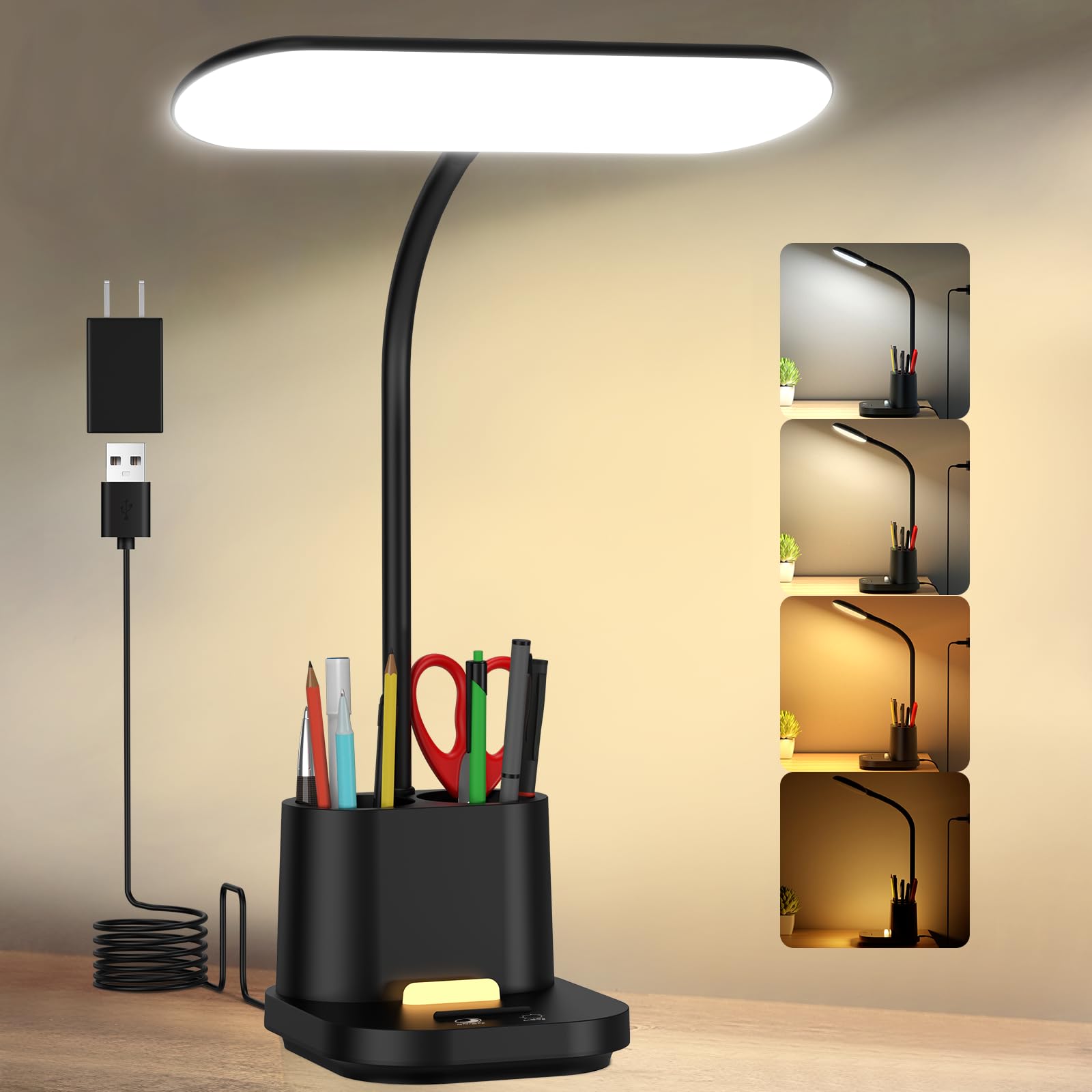 DEEPLITE LED Desk Lamp with USB Charging Port, Eye-Caring Study Light for Home Office & Dorm Room - 3 Color Modes, Adjustable Brightness, Touch Control, Flexible Gooseneck & Pen/Phone Holder | Perfect for Reading, Working, and Late-Night Studying