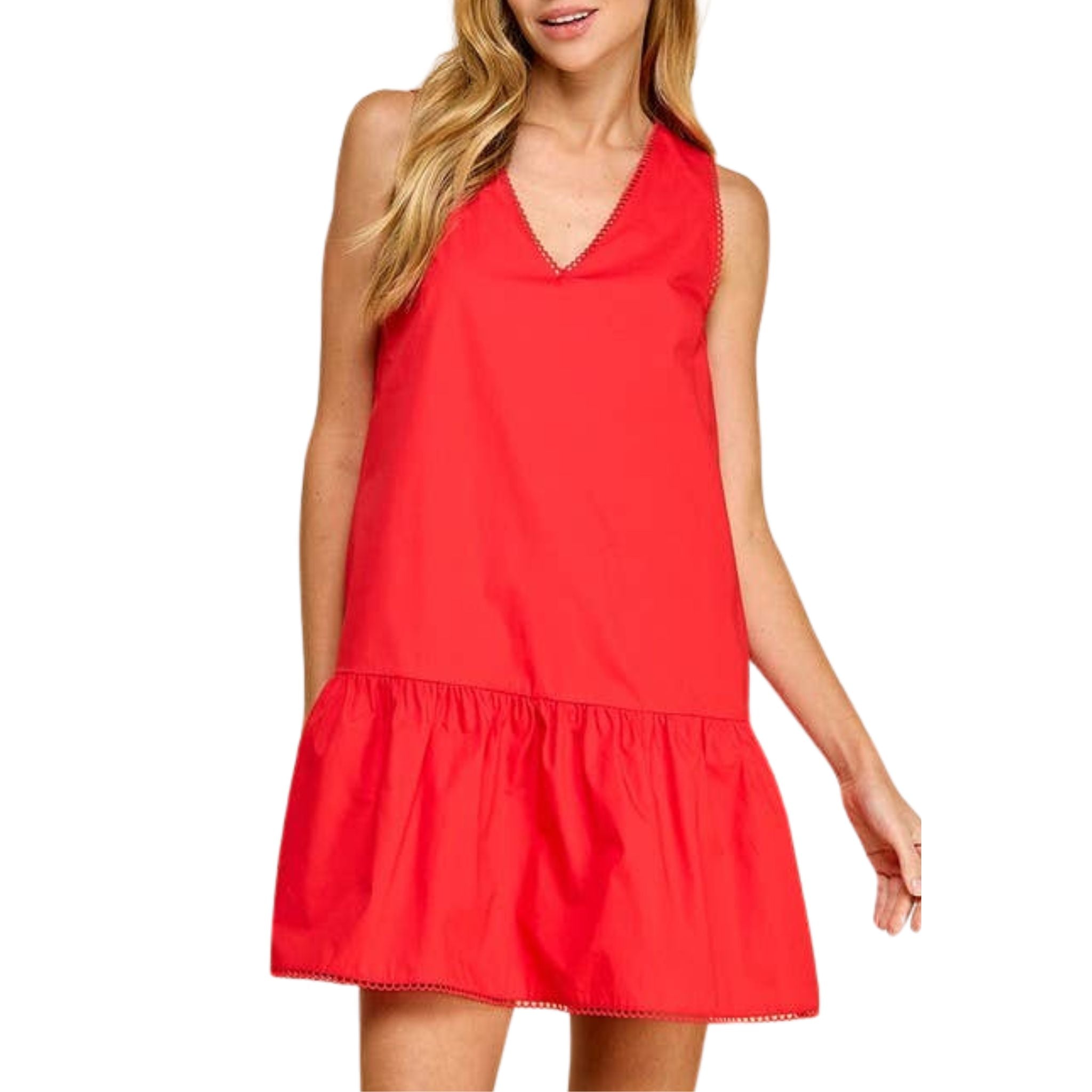 Elegant V-Neck Drop Waist Poplin Dress for Women - Summer Casual & Office Wear
