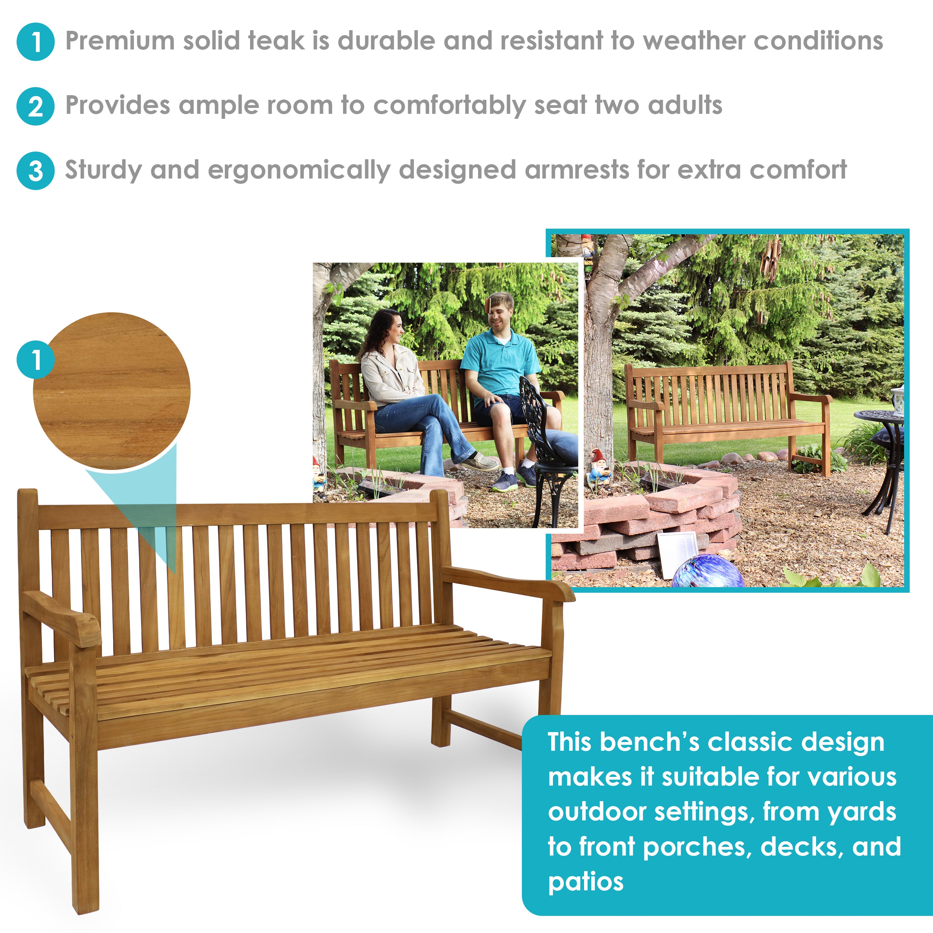 Sunnydaze Outdoor 2-Person Teak Wood Garden Bench - Durable Patio Furniture for Backyard, Porch & Garden Seating - Perfect for Relaxing Outdoors
