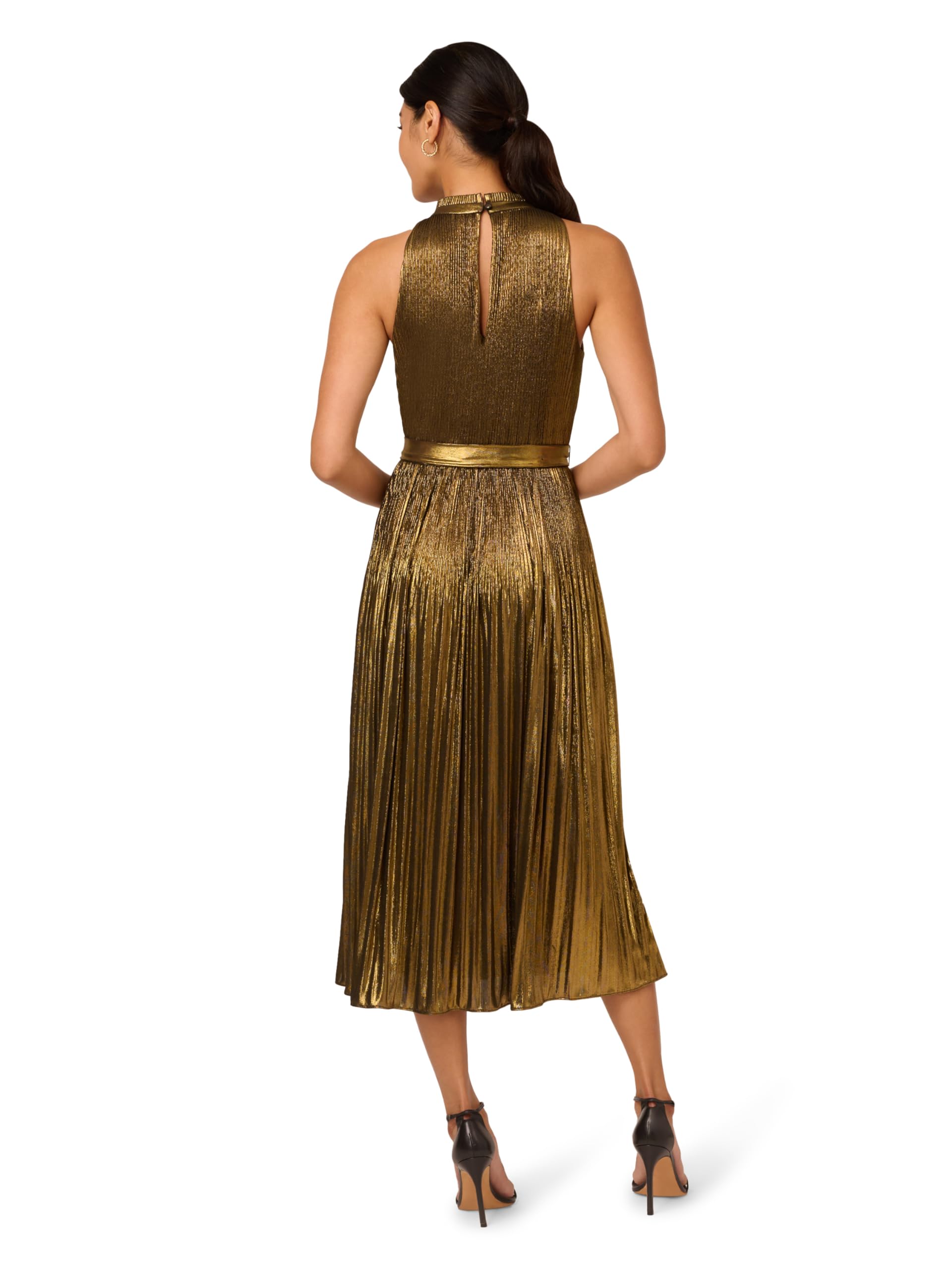 Adrianna Papell Women's Elegant Halter Pleated Metallic Cocktail Dress for Evening Parties & Special Occasions