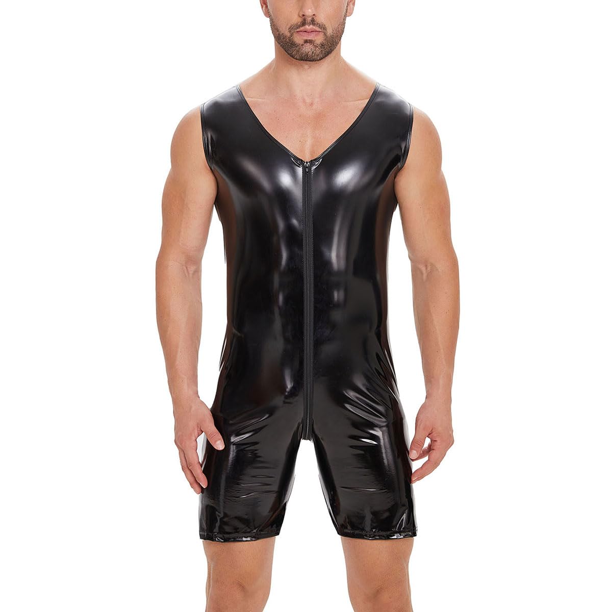 Sexy Men's Leather Bodysuit with Zipper & Open Crotch - Shiny Latex Wet Look Leotard for Adults (Black) | Perfect for Fetish Wear, Cosplay & Sensual Roleplay