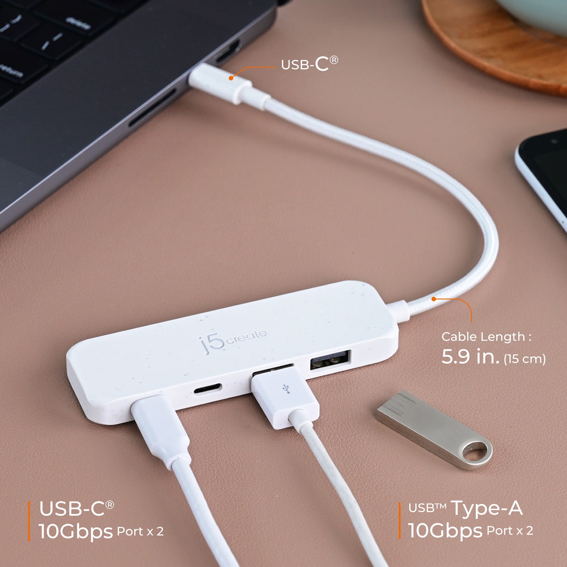 Eco-Friendly USB C Hub 4 Port - USB C to USB C & USB A 3.1 Gen 2 Adapter - Fast Data Transfer & Charging for MacBook, iPad, Laptop, Phone - Home Office & Travel Use