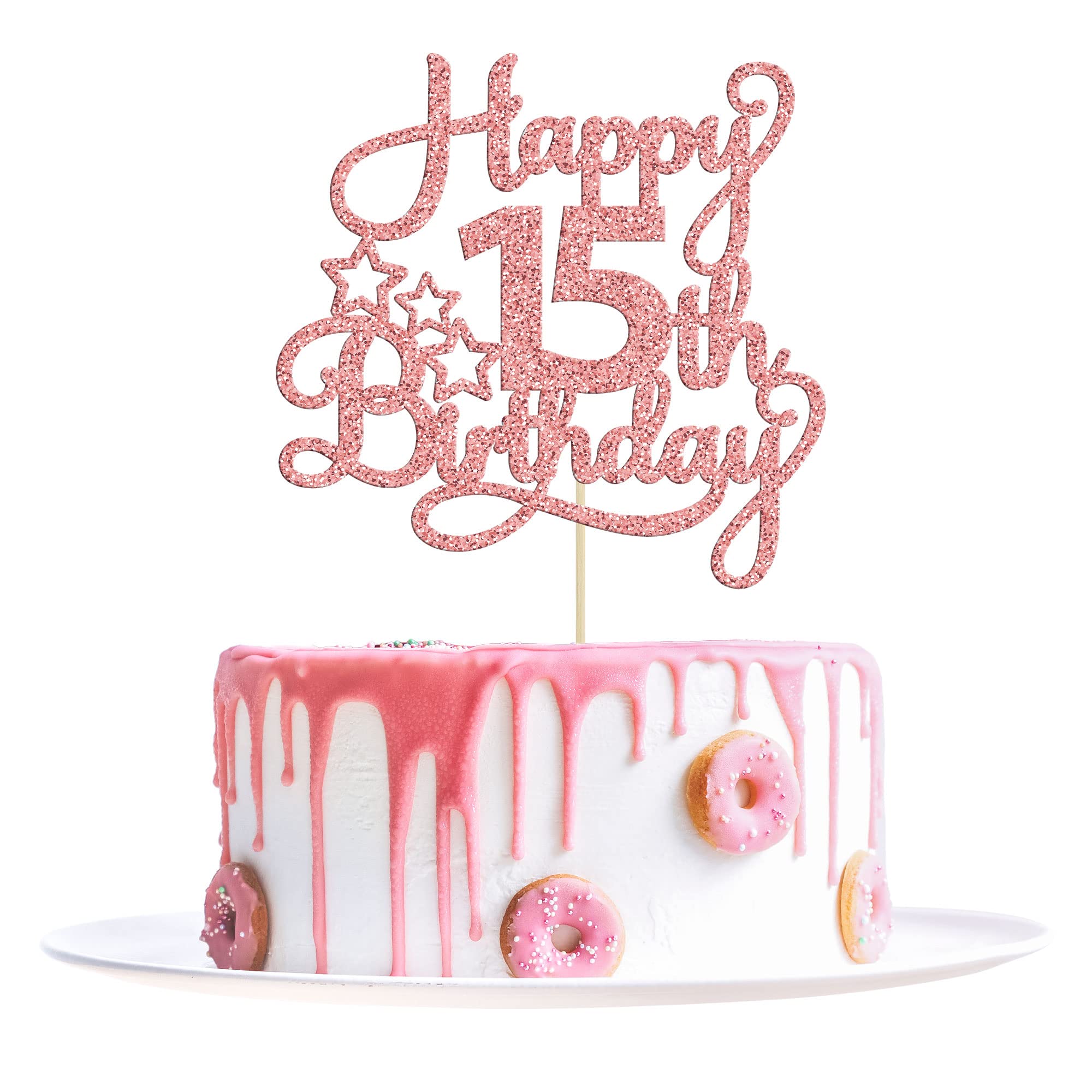 1 Pack Rose Gold Glitter Happy 15th Birthday Cake Topper - 