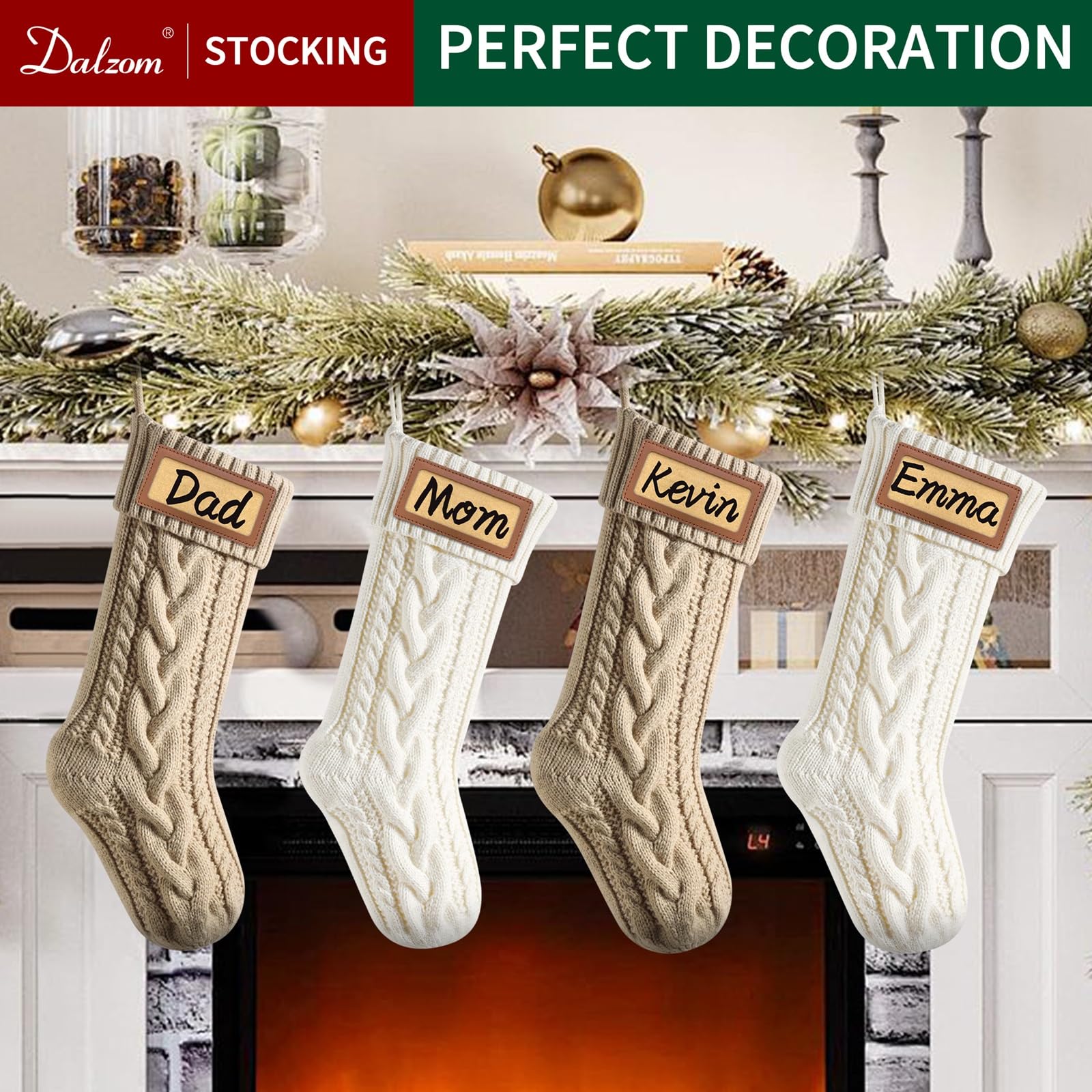 **Dalzom® 4Pcs Personalized Christmas Stockings with Leather Patches - Custom Name, 18