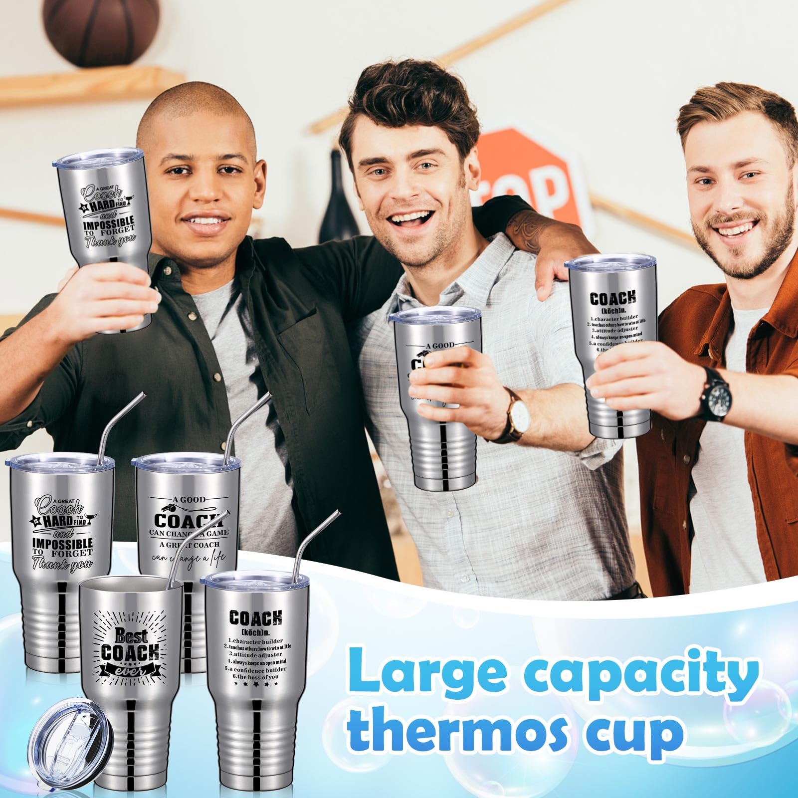 Uiifan 4-Pack 30oz Stainless Steel Coach Thank You Gift Set - Best Coach Ever Tumbler with Lid & Straw (Silver) - Perfect for Basketball, Soccer, Baseball Coaches - Great for Practice, Games & Team Appreciation