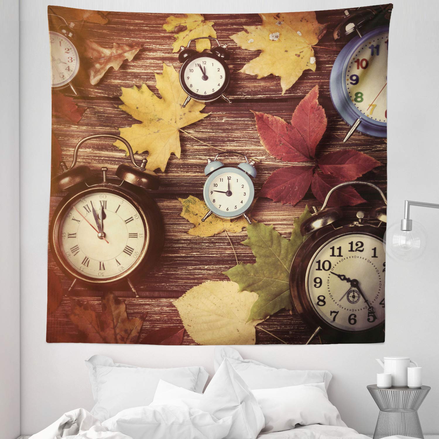 Ambesonne Autumn Tapestry Queen Size - Dry Maple Leaves & Vintage Alarm Clocks Wall Hanging, 88x88 Inch Multicolor Fall Decor for Bedroom, Living Room, Dorm | Seasonal Home Decoration, Bohemian Wall Art, Cozy Bed Cover