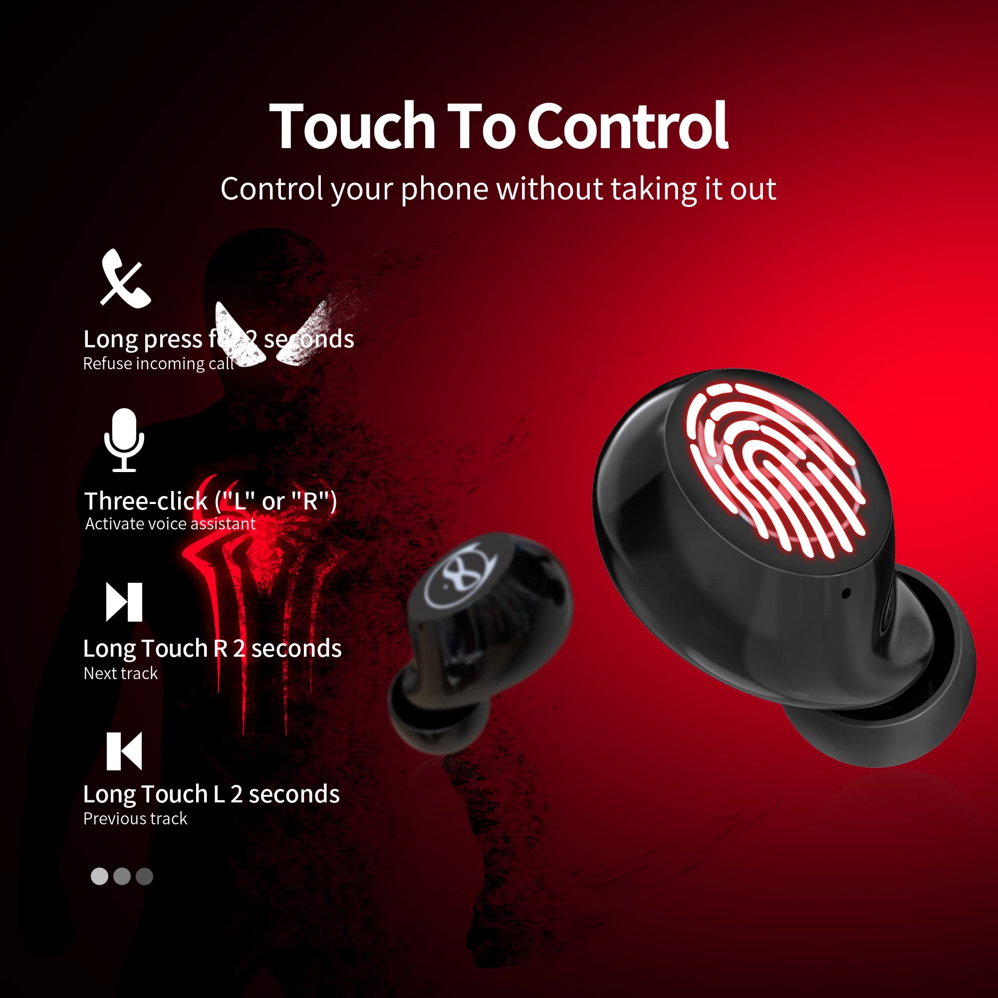 Wireless Earbuds with Touch Control - Stereo Sound Bluetooth Earphones & Red Cartoon Charging Case | Perfect for Gym, Running, Travel & Daily Commute