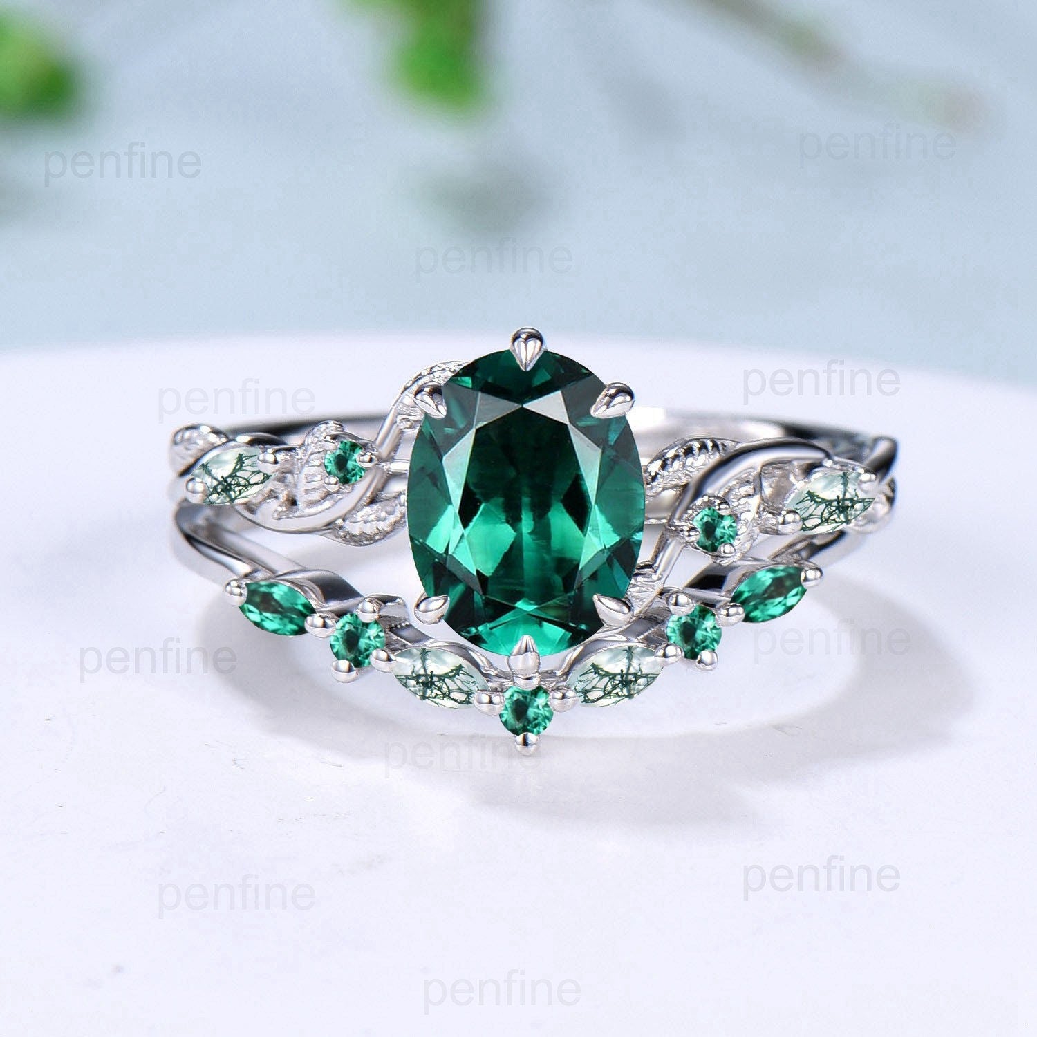 Handmade Retro 2Ct 7x9mm Oval Emerald Engagement Ring Set with Nature-Inspired Leaf Vine Design - Marquise Moss Agate Wedding Ring for Proposal Gifts | Perfect for Vintage-Themed Weddings & Romantic Proposals