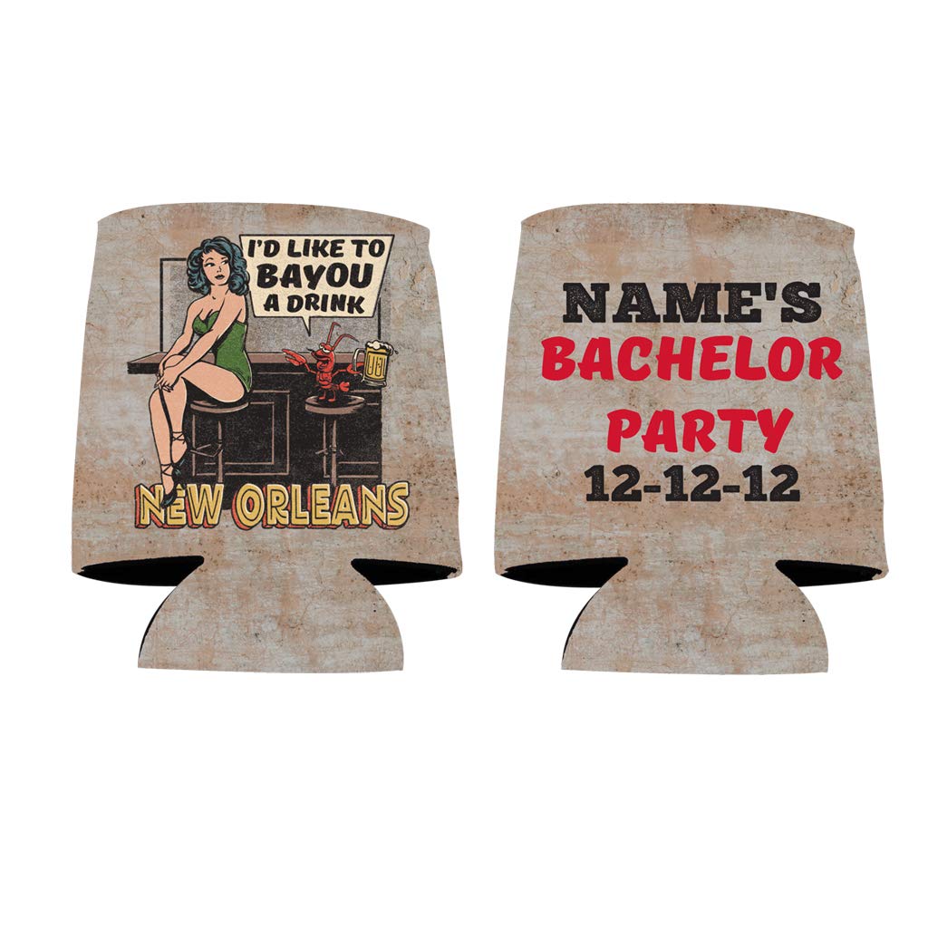 Custom Bachelor Can Coolers - New Orleans Bachelor Party Beer Koozies - 