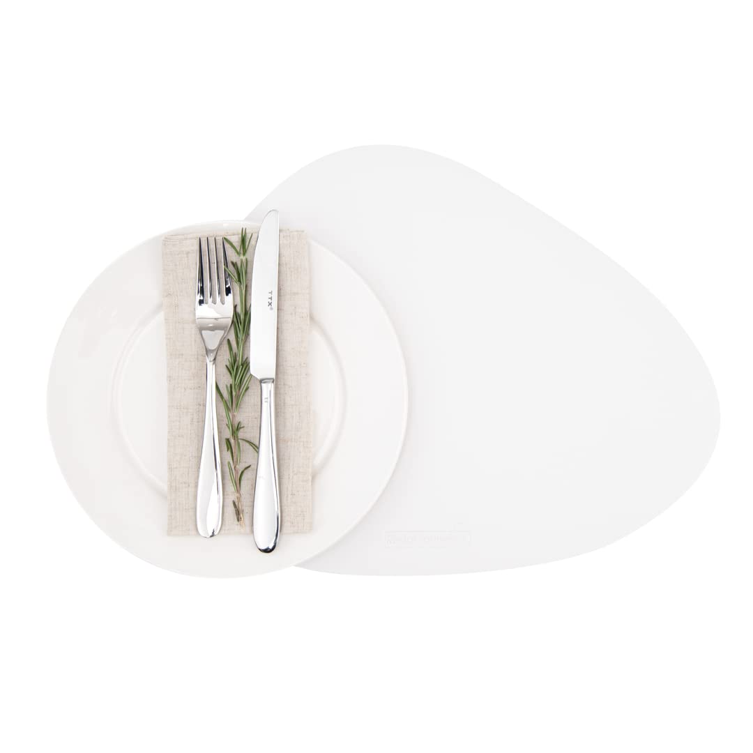 16 Inch White Vinyl Placemats Set of 6 - Egg-Shaped, Stain-Resistant, Embossed Leather-Like Texture for Table Protection - Perfect for Dining Tables, Restaurants, and Home Decor