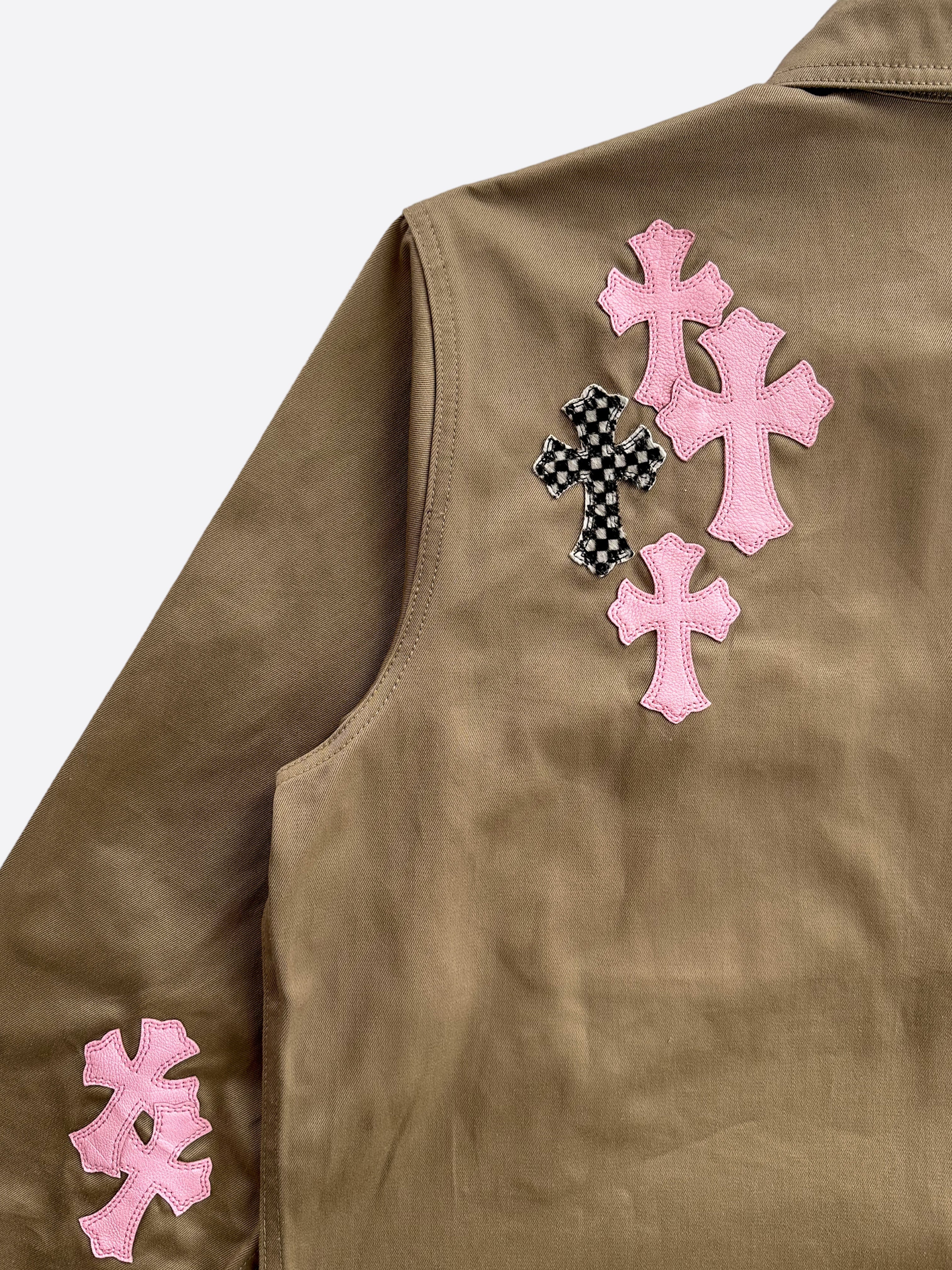 Chrome Hearts Tan Pink & Checkered Cross Patchwork Dog Jacket - Stylish Punk Pet Apparel for Small to Medium Dogs - Perfect for Outdoor Adventures & Fashionable Streetwear