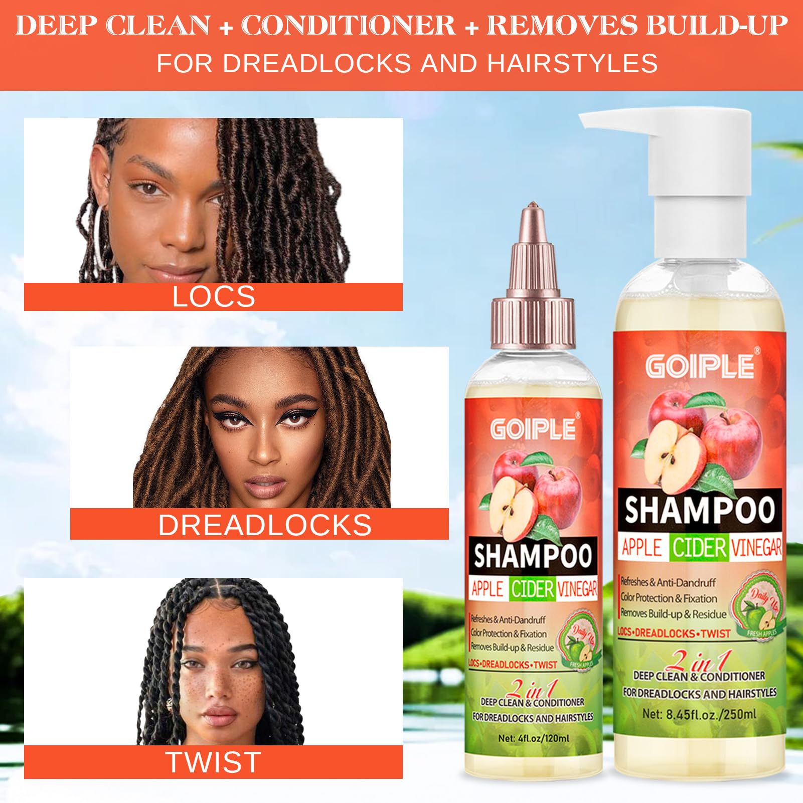 2 in 1 Deep Clean & Condition Apple Cider Vinegar Shampoo for Dreadlocks, Locs & Twists - Sulfate Free, Anti-Dandruff Shampoo for Curly & Kinky Hair (8.45 Fl Oz) - Refreshes & Nourishes Hair for Daily Use & Protective Styles