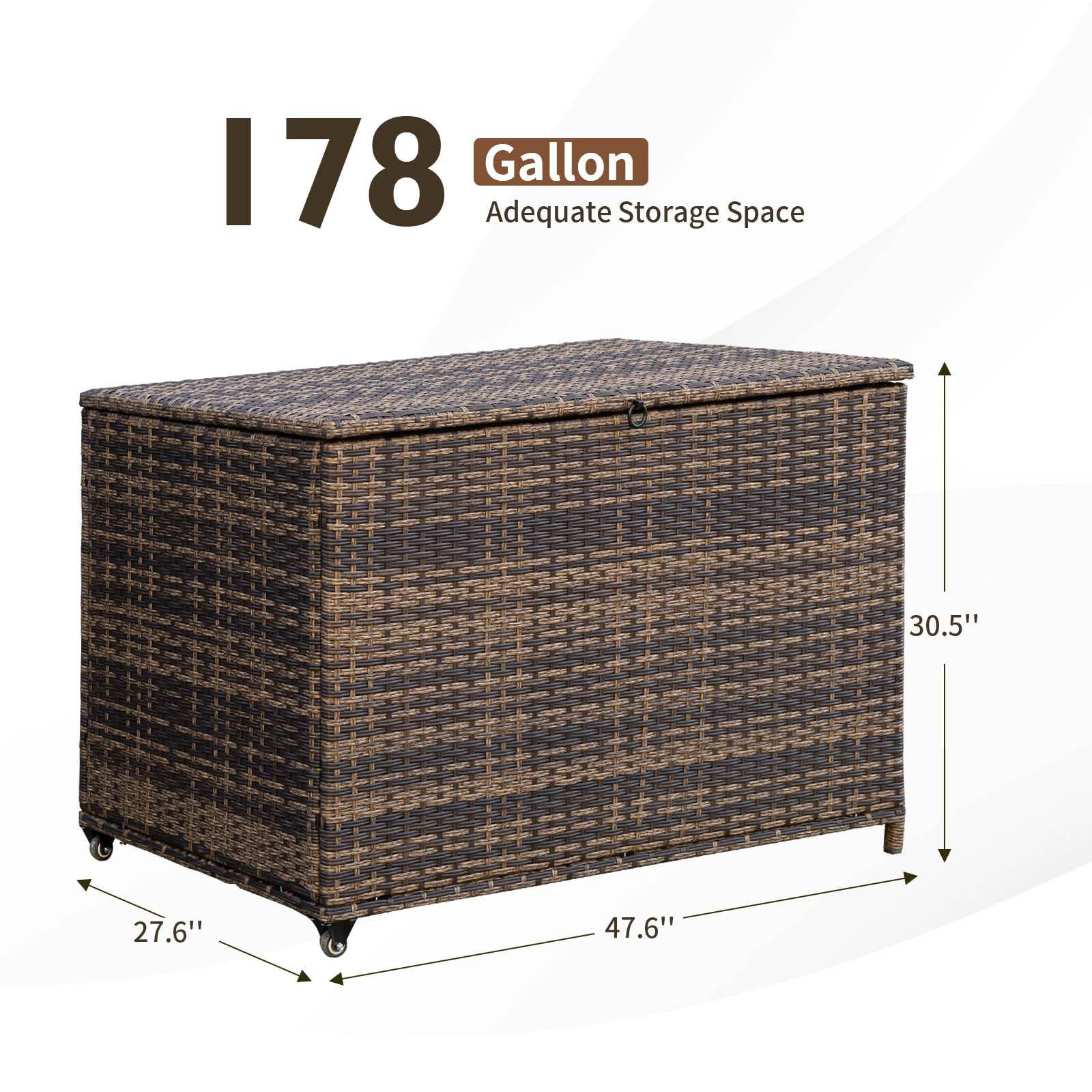 **178 Gallon Outdoor Storage Box with Wheels - Large Portable Wicker Rattan Deck Box for Patio Furniture Cushions, Throw Pillows, Garden Tools & Pool Floats - Weather-Resistant Brown Deck Box for Backyard, Garden & Poolside Storage**