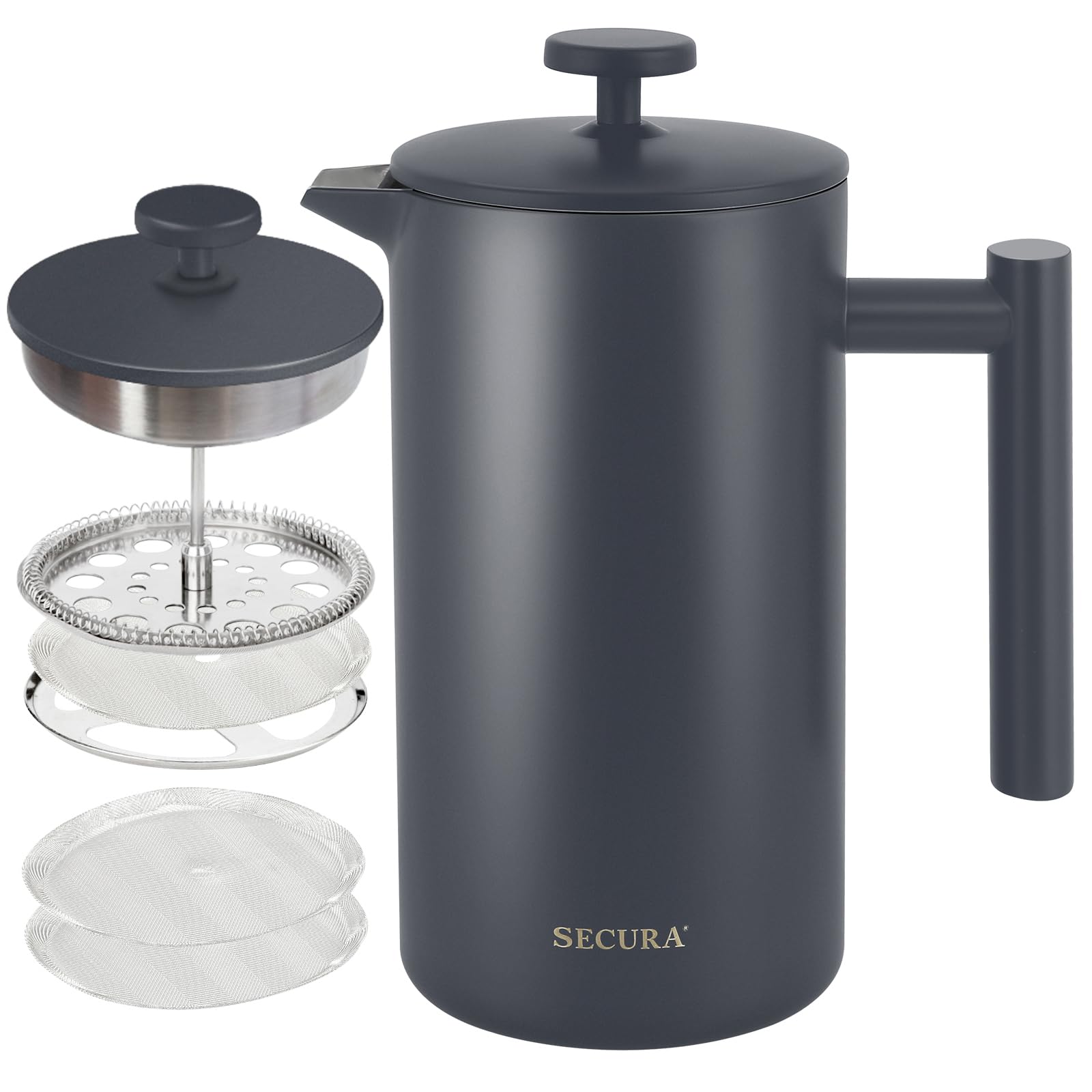 Secura 34oz (1L) Stainless Steel French Press Coffee Maker - 304 Grade Insulated Coffee Press with 2 Extra Screens, Grey - Perfect for Home, Office & Camping Brewing