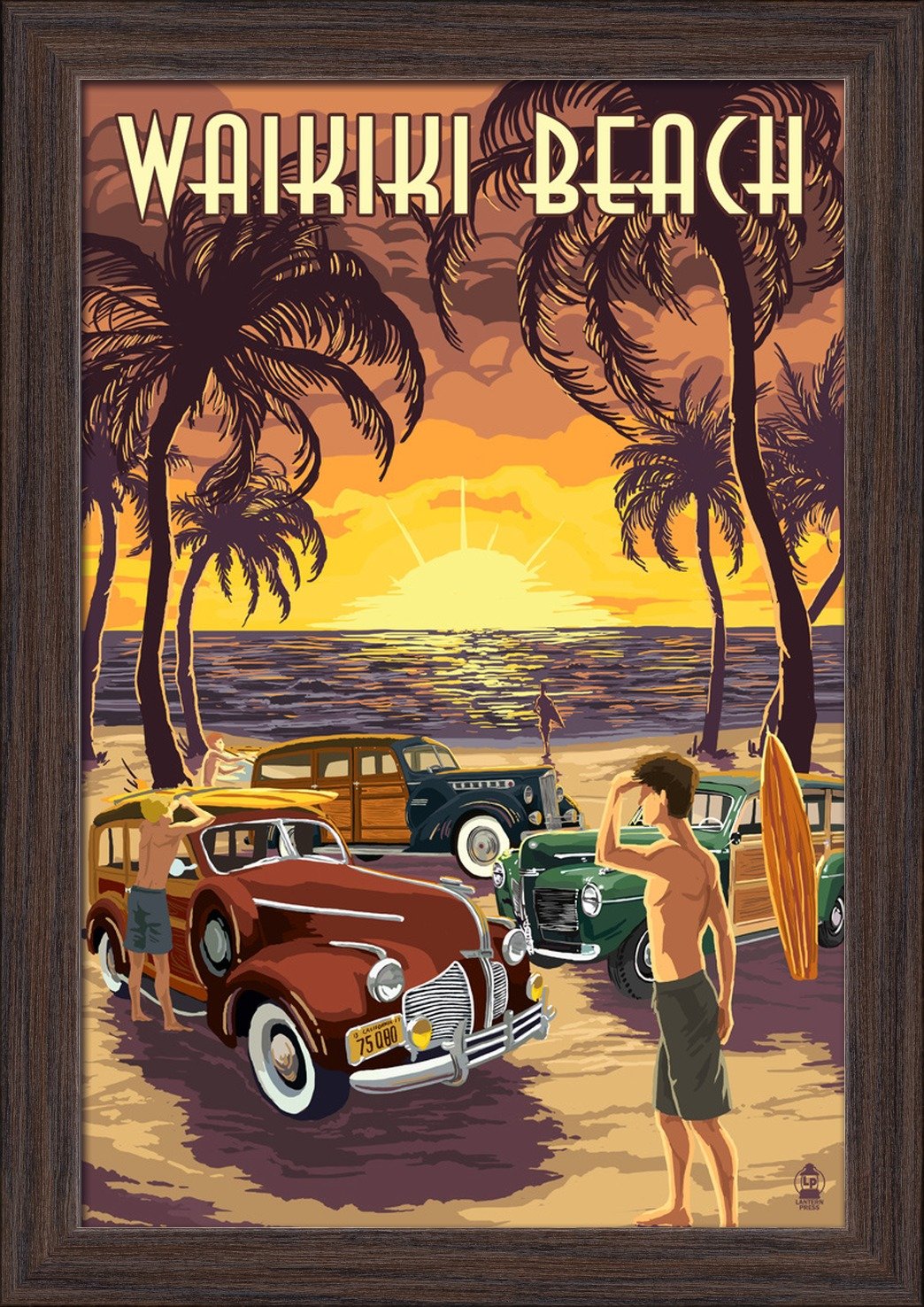 Hawaii Waikiki Beach Woodies on the Beach Wall Art - 12x18 Inch Giclee Fine Art Print with Recycled Wood Frame in Espresso Brown - Perfect for Coastal, Beach House, and Tropical Home Decor