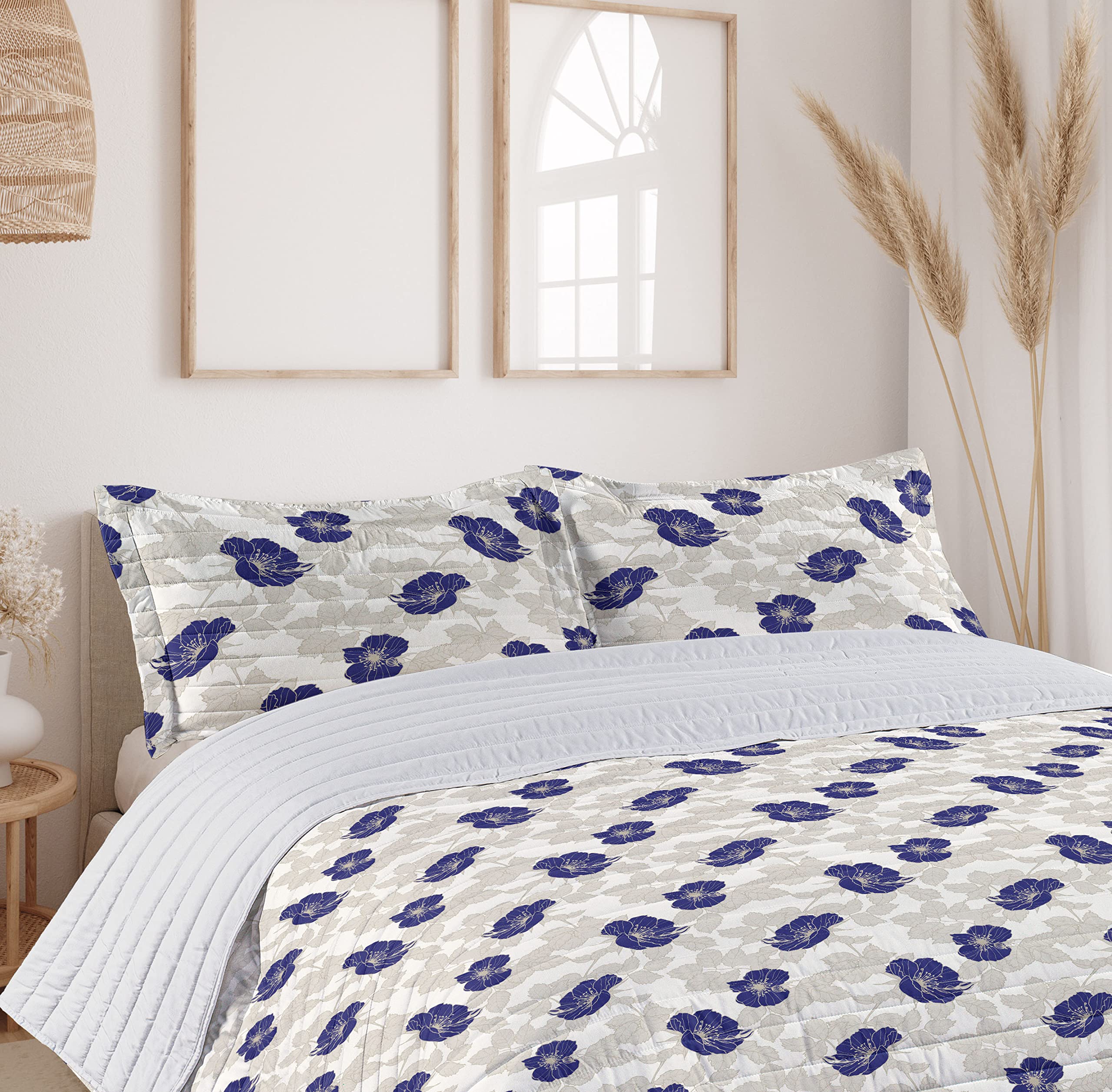 Ambesonne Floral Microfiber Bedspread Set - King Size Off White Eggshell | Dog Roses & Leafy Stems Art Nouveau Design | Soft Comforter with Pillow Shams | Perfect for Master Bedroom, Guest Room & Bohemian Decor