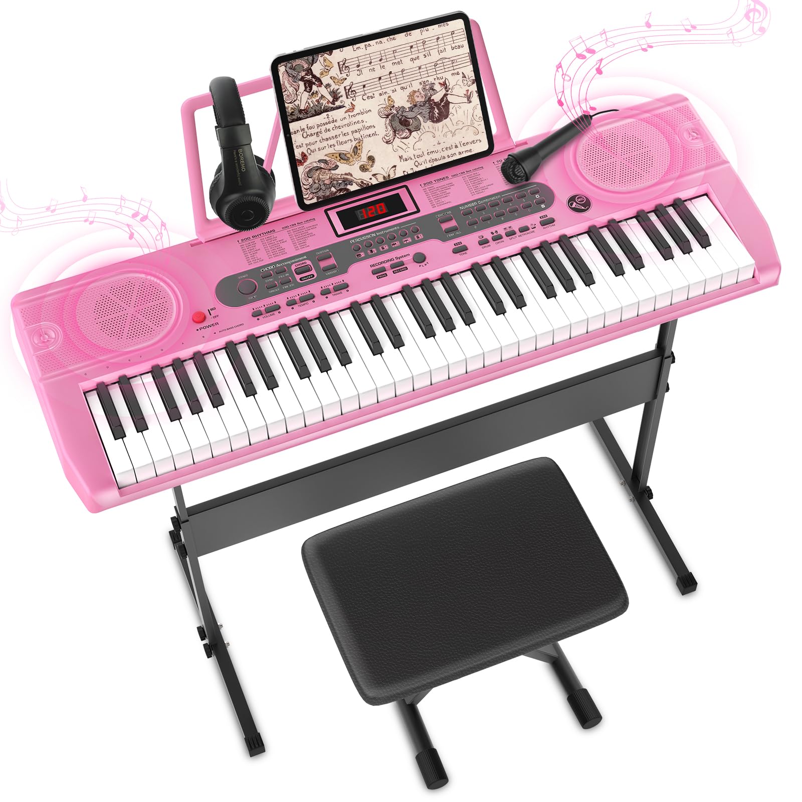61-Key Electric Keyboard Piano with Lighted Keys, Stand, Bench, Microphone & Headphones - Portable Electronic Piano for Beginners | Home Practice, Music Lessons & Live Performances