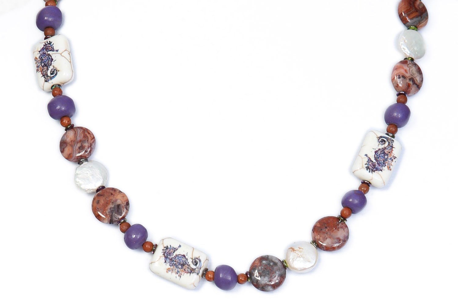 Elegant Seahorse Necklace with Natural Jasper & Pearl - Perfect for Beach Weddings, Boho Jewelry & Gift Ideas