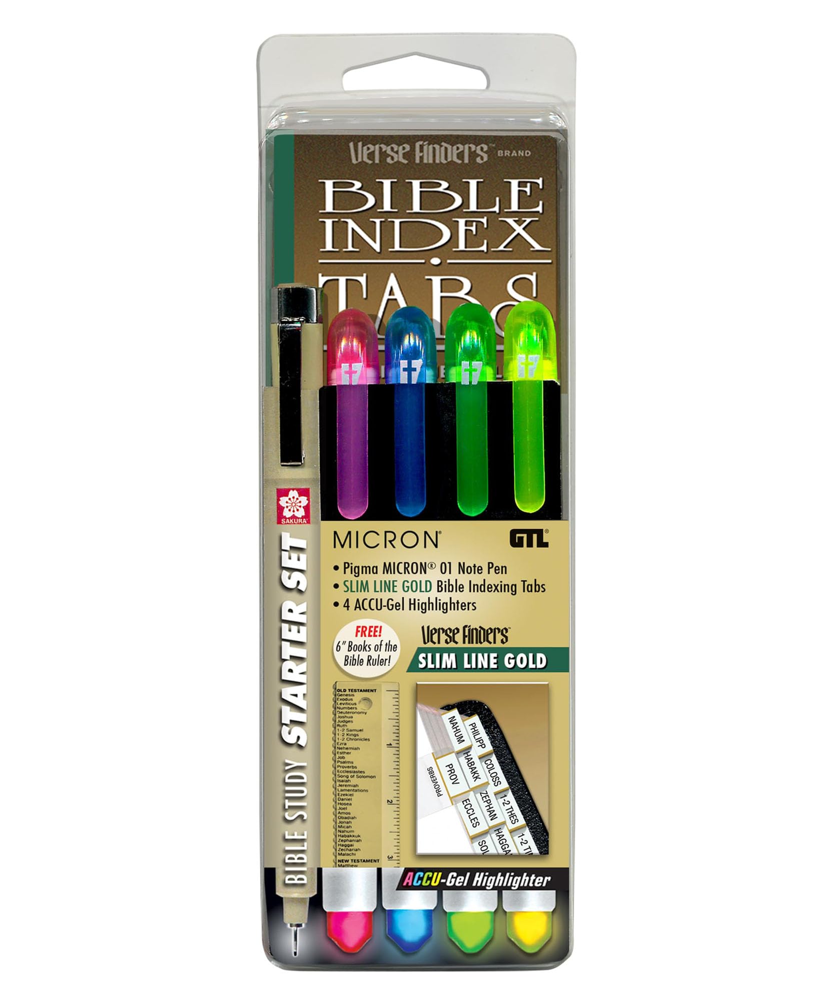 Accu-Gel Bible Highlighter & Pigma Micron Bible Study Starter Set - No Bleed Pigmented Ink, Fine Point Black Pen & Gel Highlighter for Scripture Marking | Includes Slim Gold Verse Finder Bible Tabs | Perfect for Bible Journaling, Scripture Study & Church Note Taking