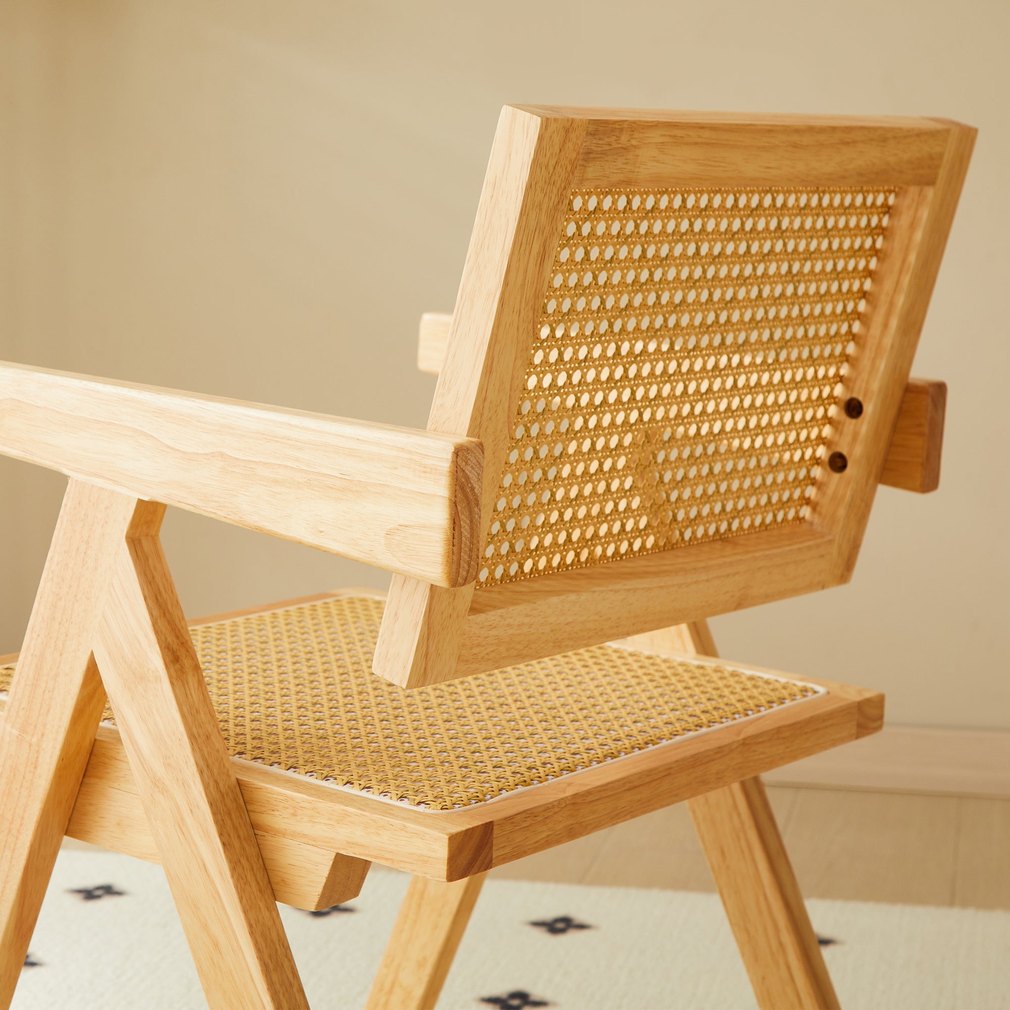 Solid Wood Dining Chairs with Armrests - Natural Rubber Wood & Rattan Woven Design for Kitchen, Dining Room, or Outdoor Patio