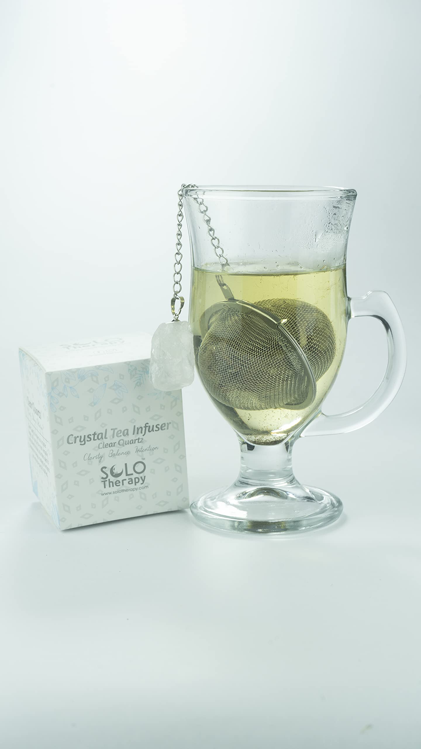 Premium Clear Quartz Crystal Tea Infuser with Stainless Steel Mesh - Elegant Tea Strainer Ball for Loose Leaf Tea - Extended Chain Hook for Easy Brewing - Perfect for Home, Office, and Gift Giving