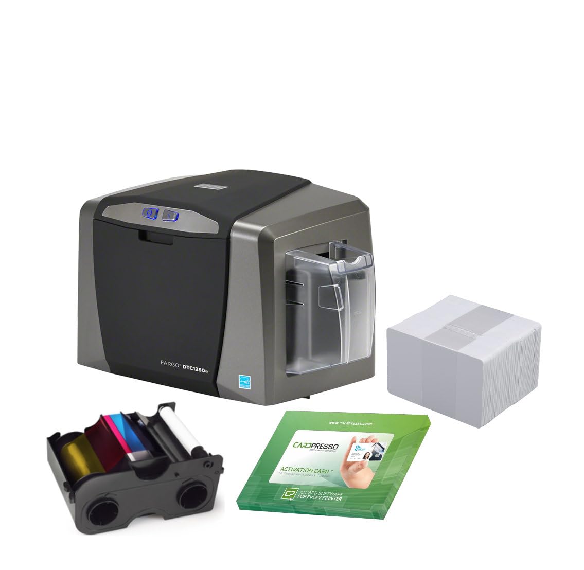 Fargo DTC1250e Single-Sided USB Card Printer with Ribbon & Cards Bundle (50605) - Ideal for ID Badges, Membership Cards & Security Access Printing