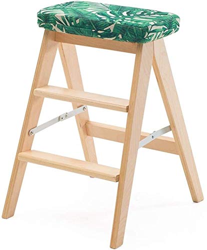 3-Step Foldable Wooden Stool Ladder for Home - Indoor Climbing Step Stool, Sponge Cushioned Seat, Green Ladder Chair - Perfect for Kitchen, Bathroom, and Kids' Room