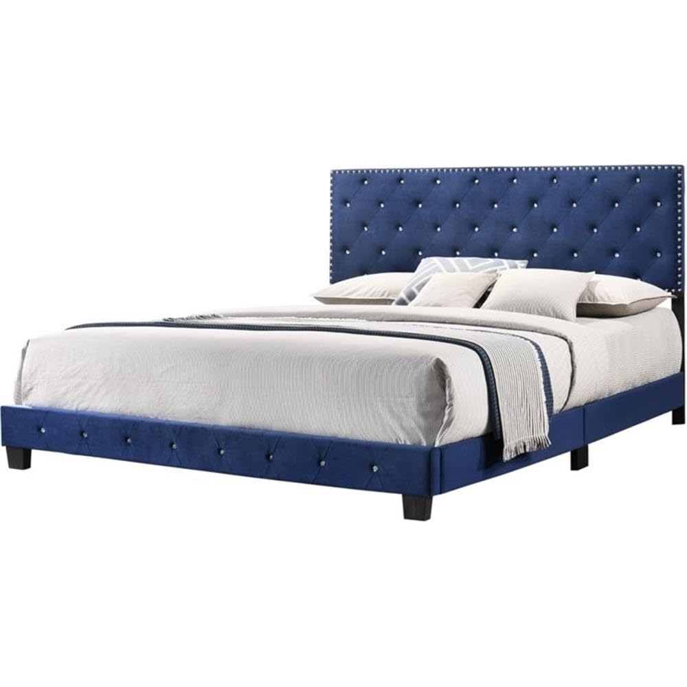 Luxury Navy Blue Velvet Upholstered King Size Bed Frame - Modern Tufted Headboard with Solid Wood Legs | Perfect for Master Bedroom, Guest Room & Hotel Decor