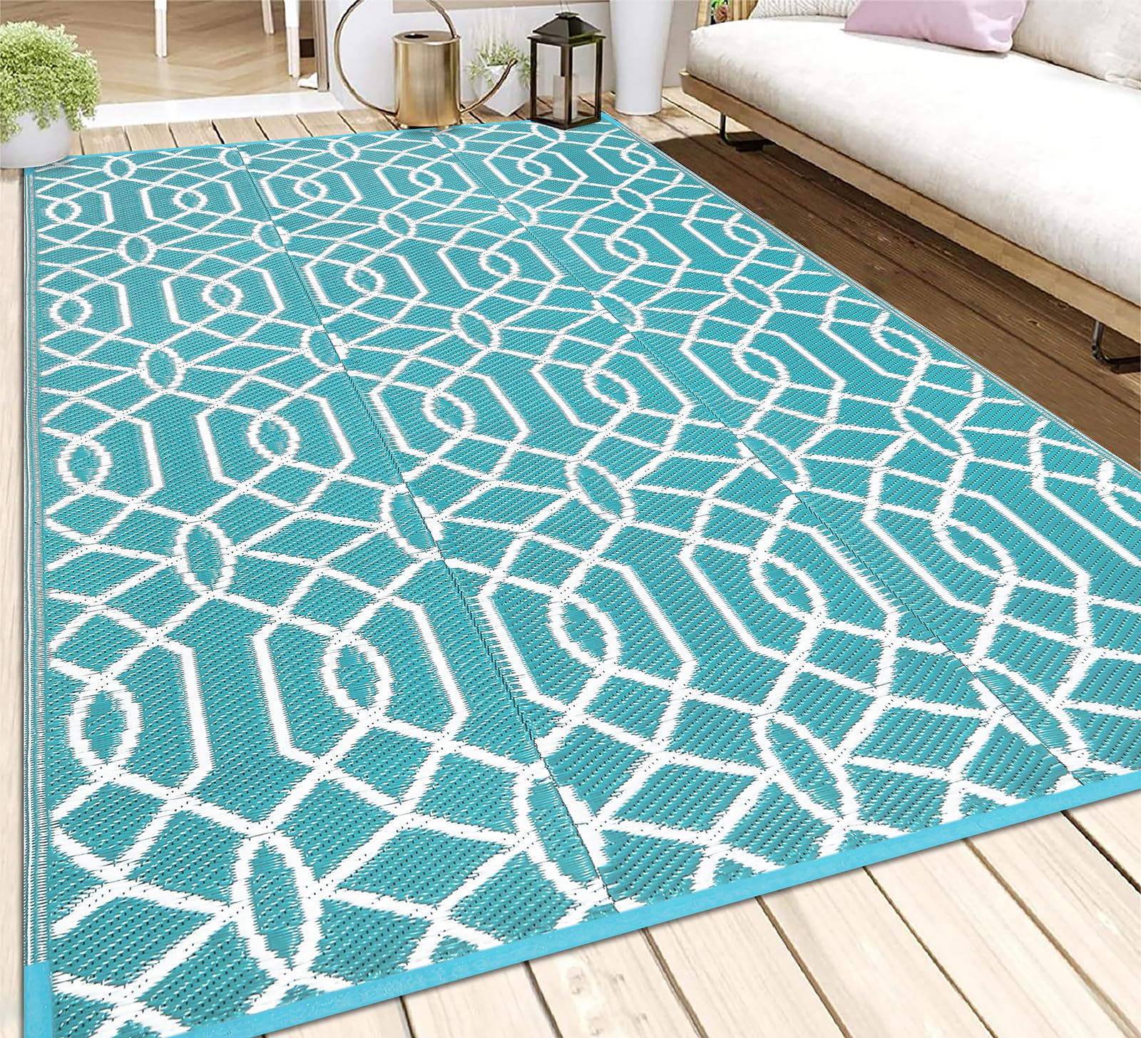 HEBE 5'x8' Waterproof Reversible Outdoor Rug - Durable Plastic Straw Patio Mat for RV, Camping, Porch, Deck, Balcony & Backyard | All-Weather Floor Covering for Outdoor Living Spaces