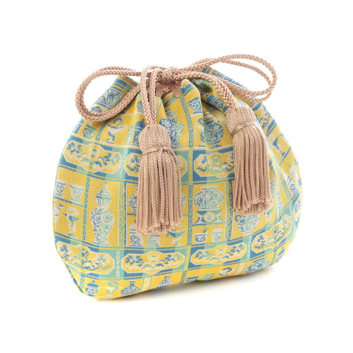 Handmade Kyoto Nishijin Silk Drawstring Pouch - Snake & Yellow Japanese Traditional Craft Purse | Gift, Coin Pouch, Festival Accessory