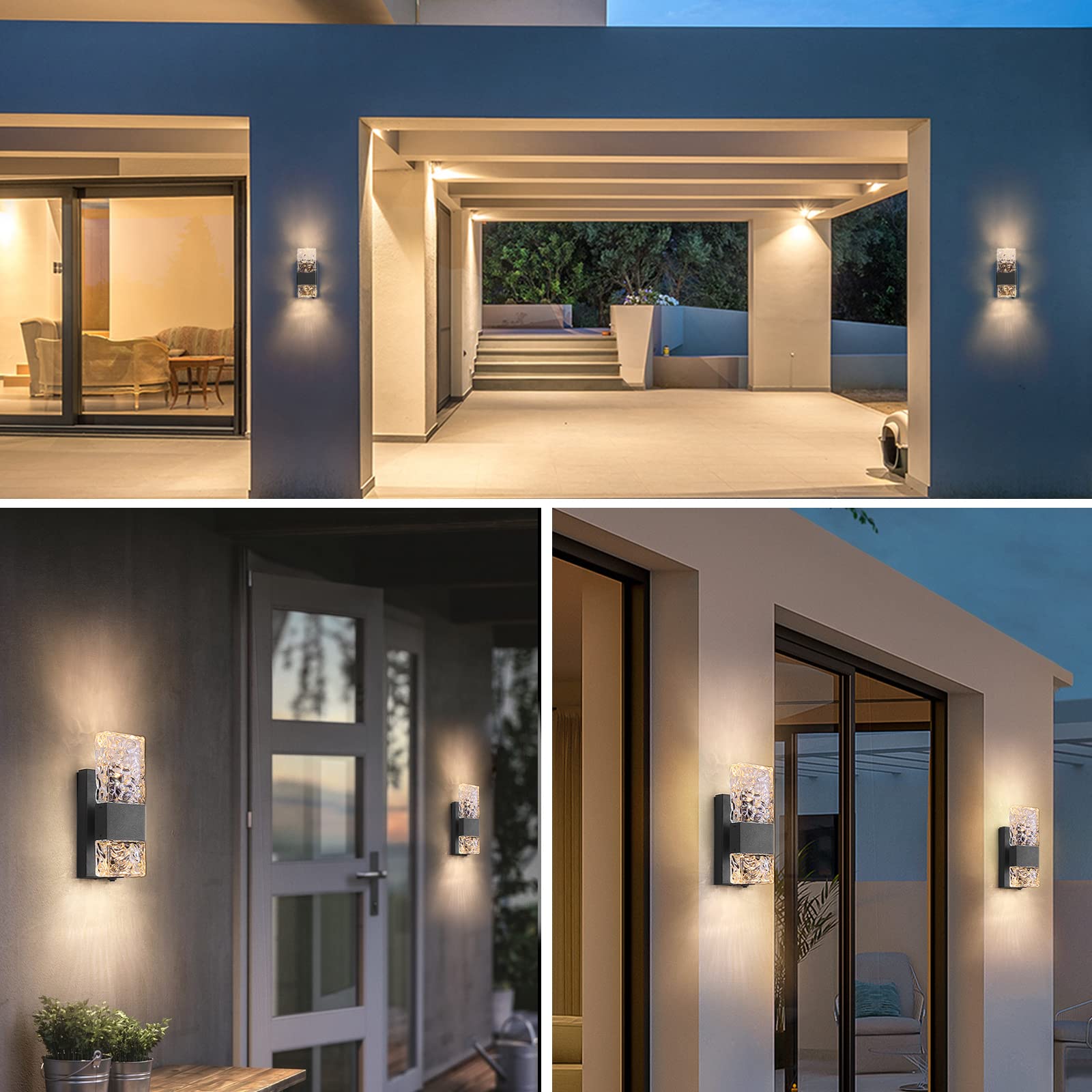Modern Waterproof LED Outdoor Wall Sconce Lights - Dusk to Dawn Up/Down Porch Lighting with Ripple-Textured Crystal Glass - Exterior Wall Mount Fixtures for House, Garage, Patio & Garden (Weatherproof for All Seasons)