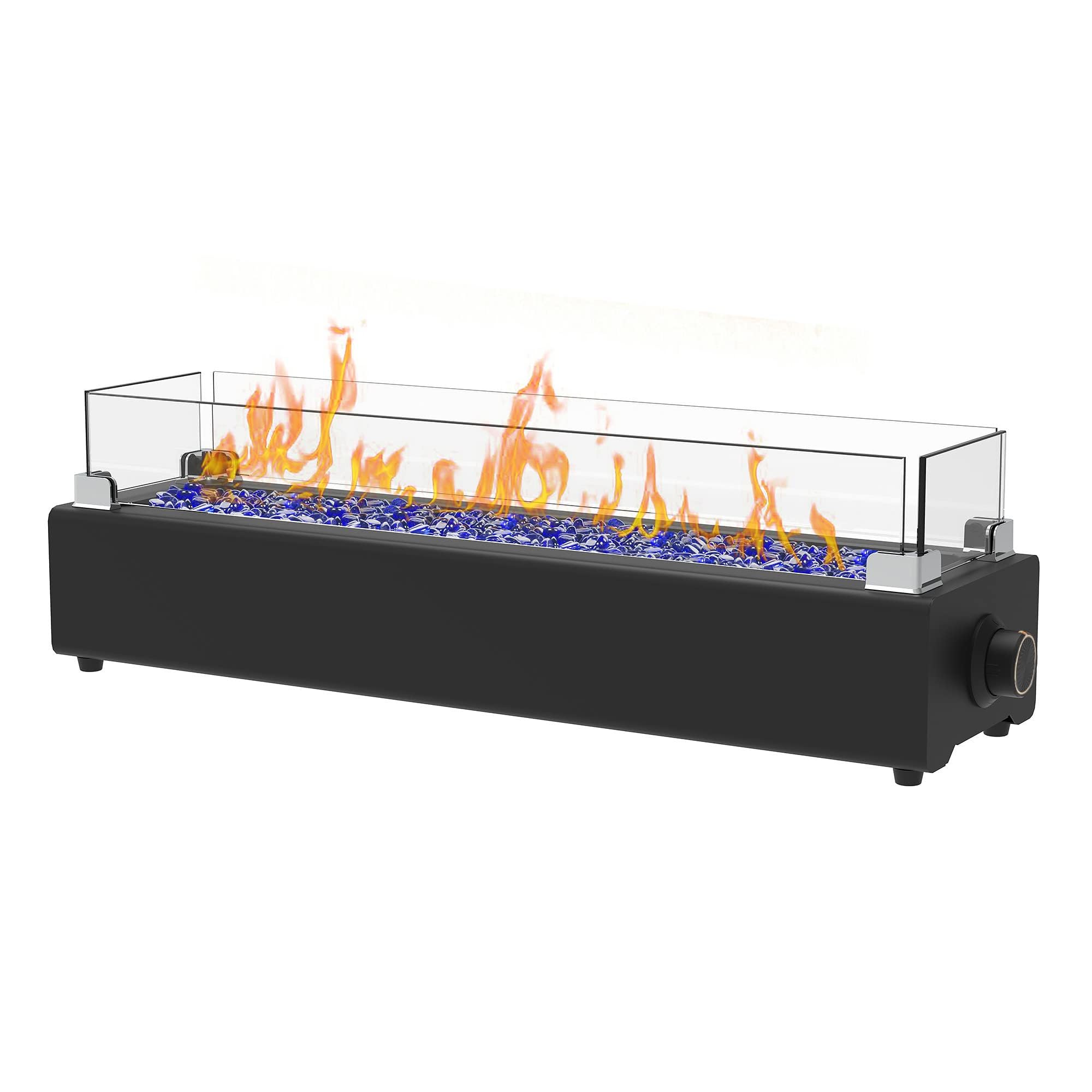 28-Inch Black Table Top Propane Fire Pit - 40,000 BTU Outdoor Portable Fireplace with Windproof Glass Shield & Decorative Glass Rocks - Perfect for Patio, Deck, Backyard, and Camping Gatherings