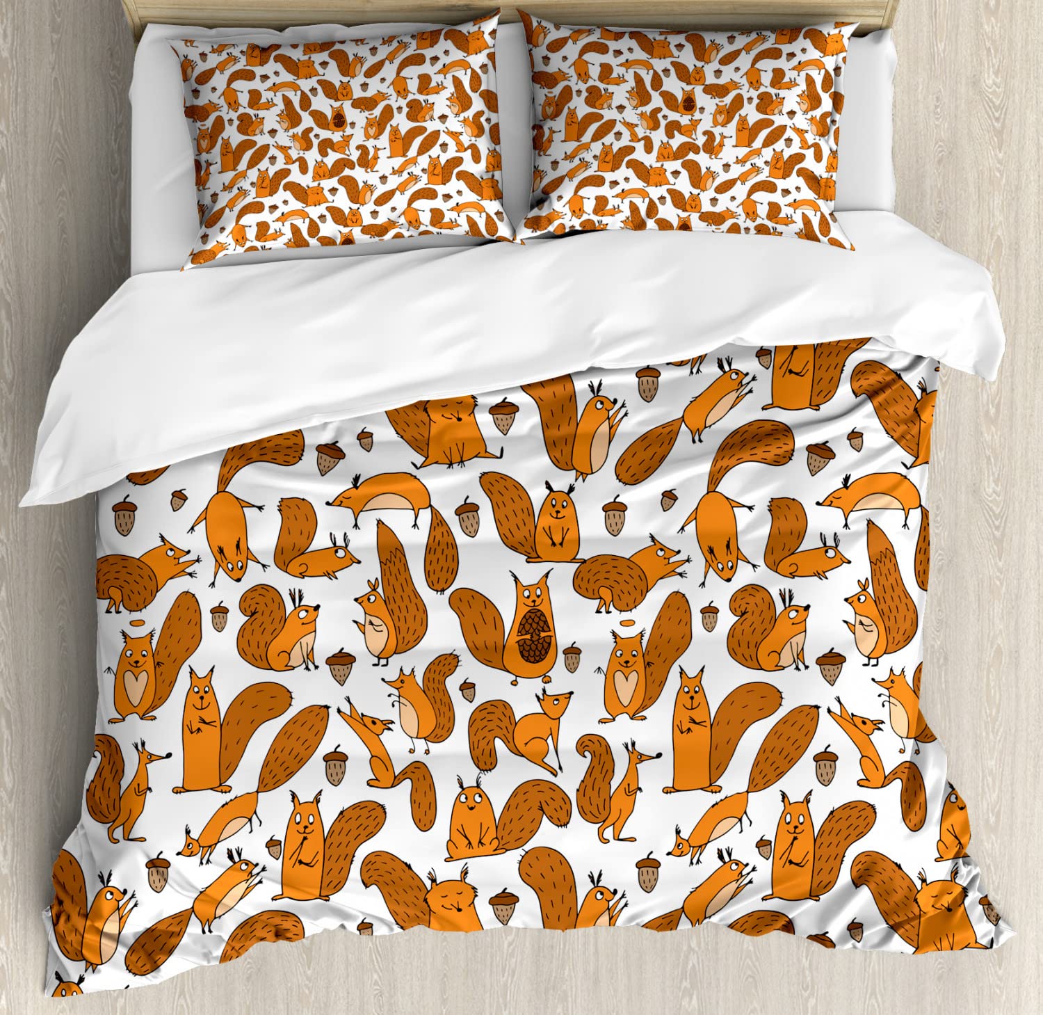 Funny Squirrel Family Playing with Nuts Duvet Cover Set - 2 Pack Queen Size with 4 Pillowcases, Dark Orange Continuous Pattern Print Bedding - Perfect for Kids' Rooms, Cozy Bedrooms & Wildlife Themed Decor