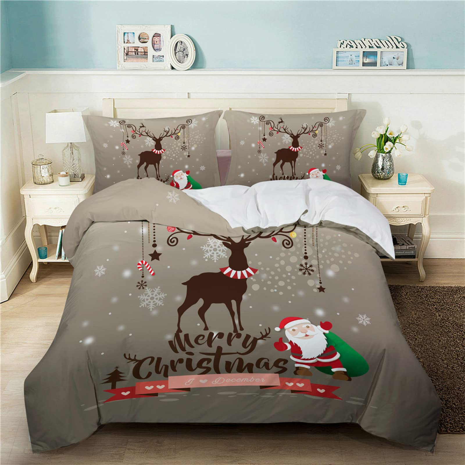 SHOUJIQQ Merry Christmas 4-Piece Bedding Set - Snow Deer Printed Duvet Cover & Pillowcases for Twin/Queen/King Size Beds (US Queen 228x228cm) - Festive Holiday Home Decor for Kids & Adults