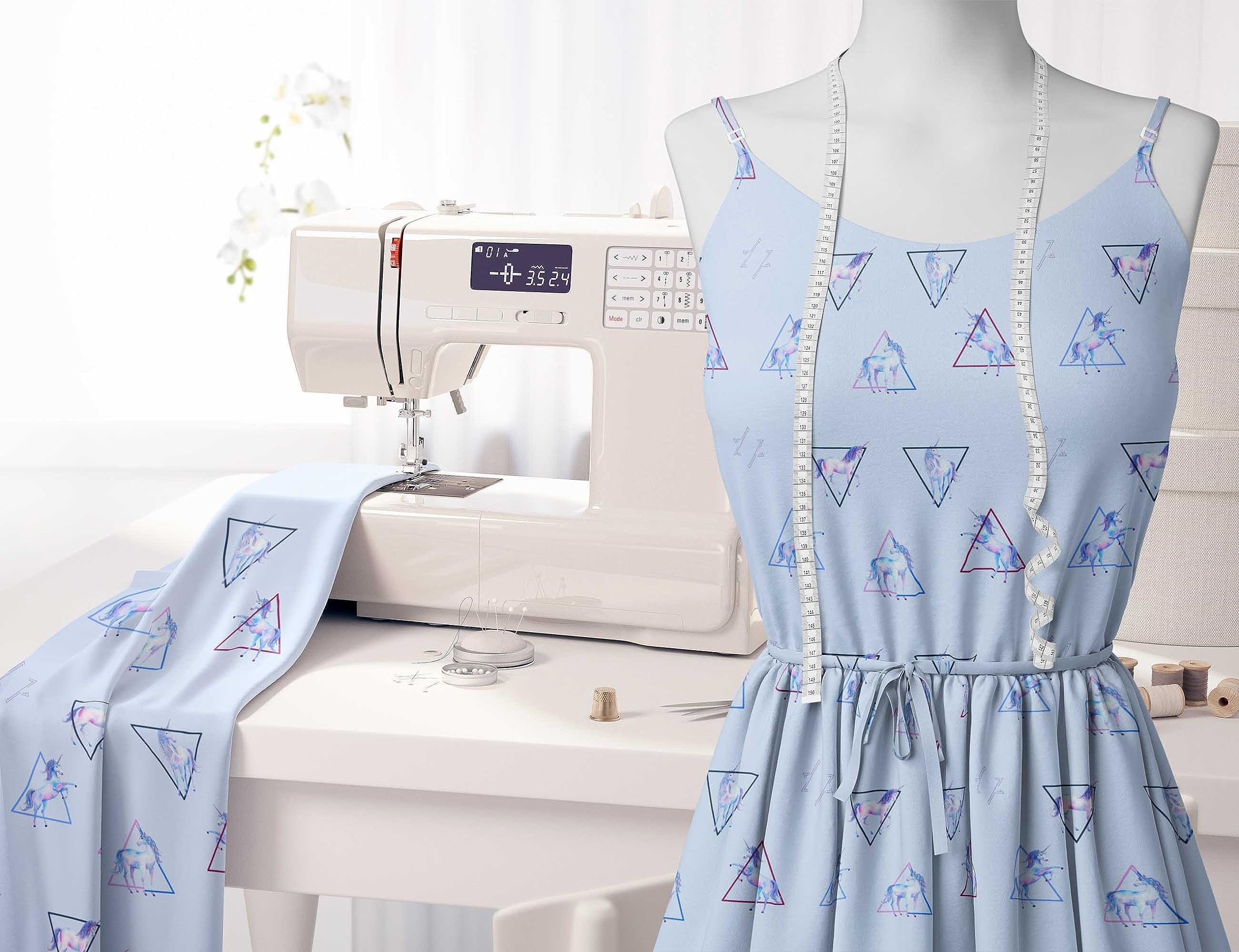 Soimoi Moss Georgette Blue Fabric by The Yard - 42 Inch Wide Geometric Printed Fabric with Unicorn & Triangle Patterns for DIY Crafts, Dressmaking, Home Decor & Quilting - Whimsical Playful Design Material