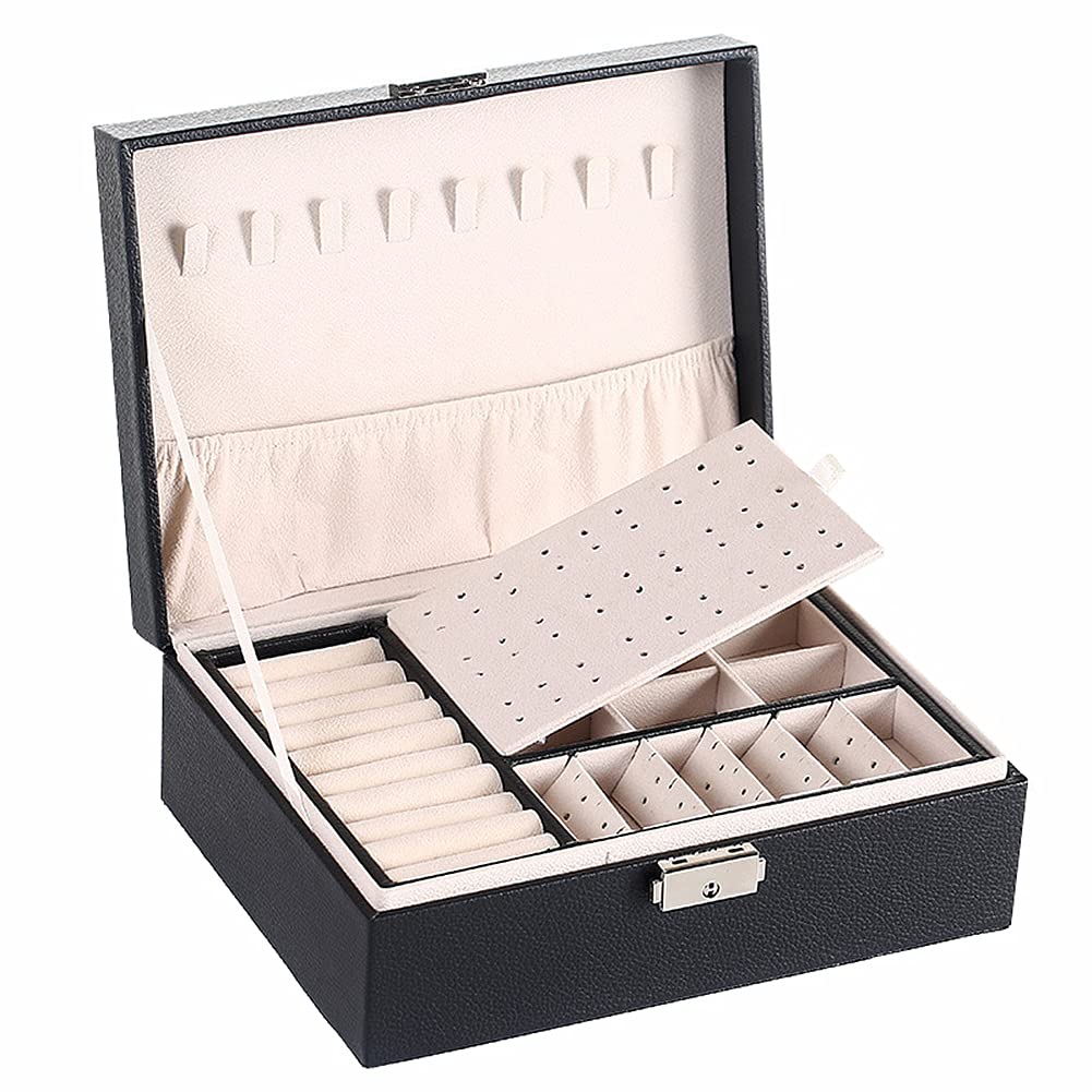 NuAngela Large 2-Layer Jewelry Box Organizer for Women & Girls - PU Leather Jewelry Storage Case with Removable Tray for Necklaces, Earrings, Rings & Bracelets - Perfect for Travel, Home Vanity & Gift (Black)