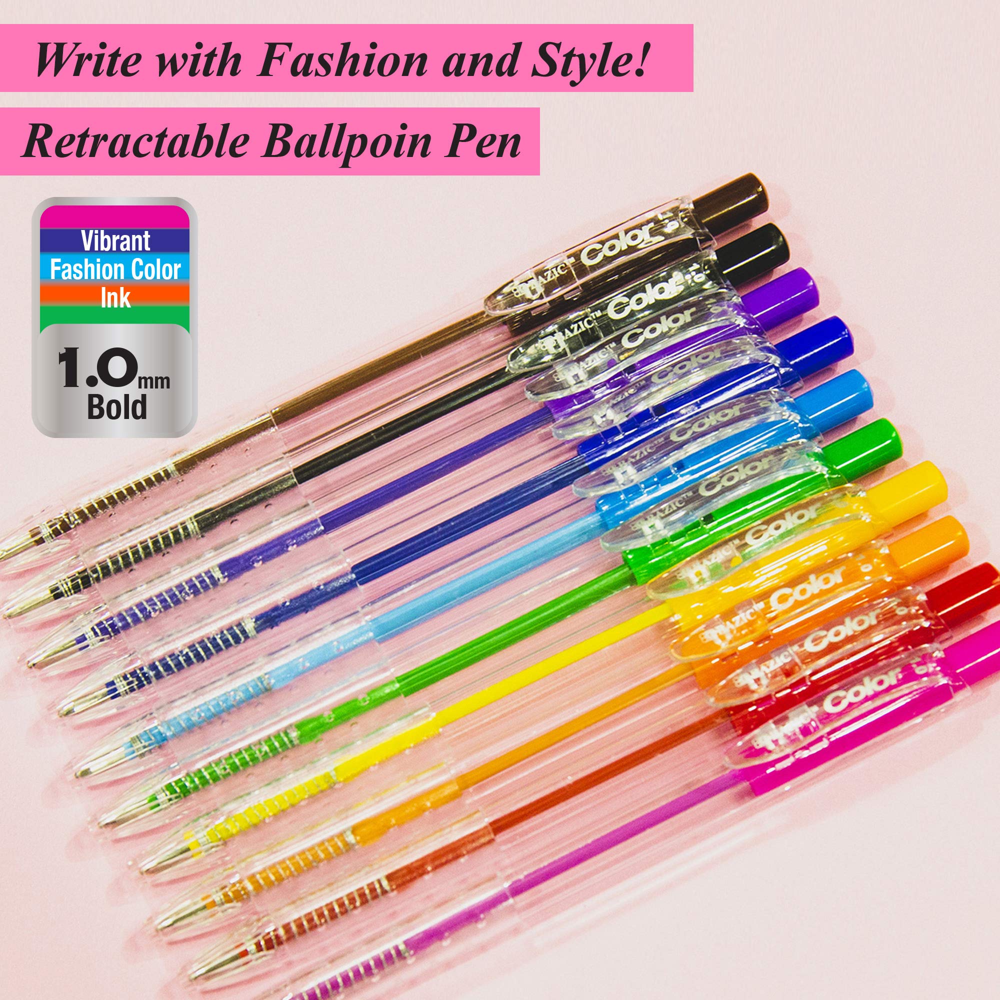 BAZIC 10-Color Retractable Ballpoint Pens, 1.0mm Bold Point Smooth Writing - 144-Pack (10 Pens per Pack) - Ideal for Teachers, Students, Office & School Supplies, Note Taking & Coloring