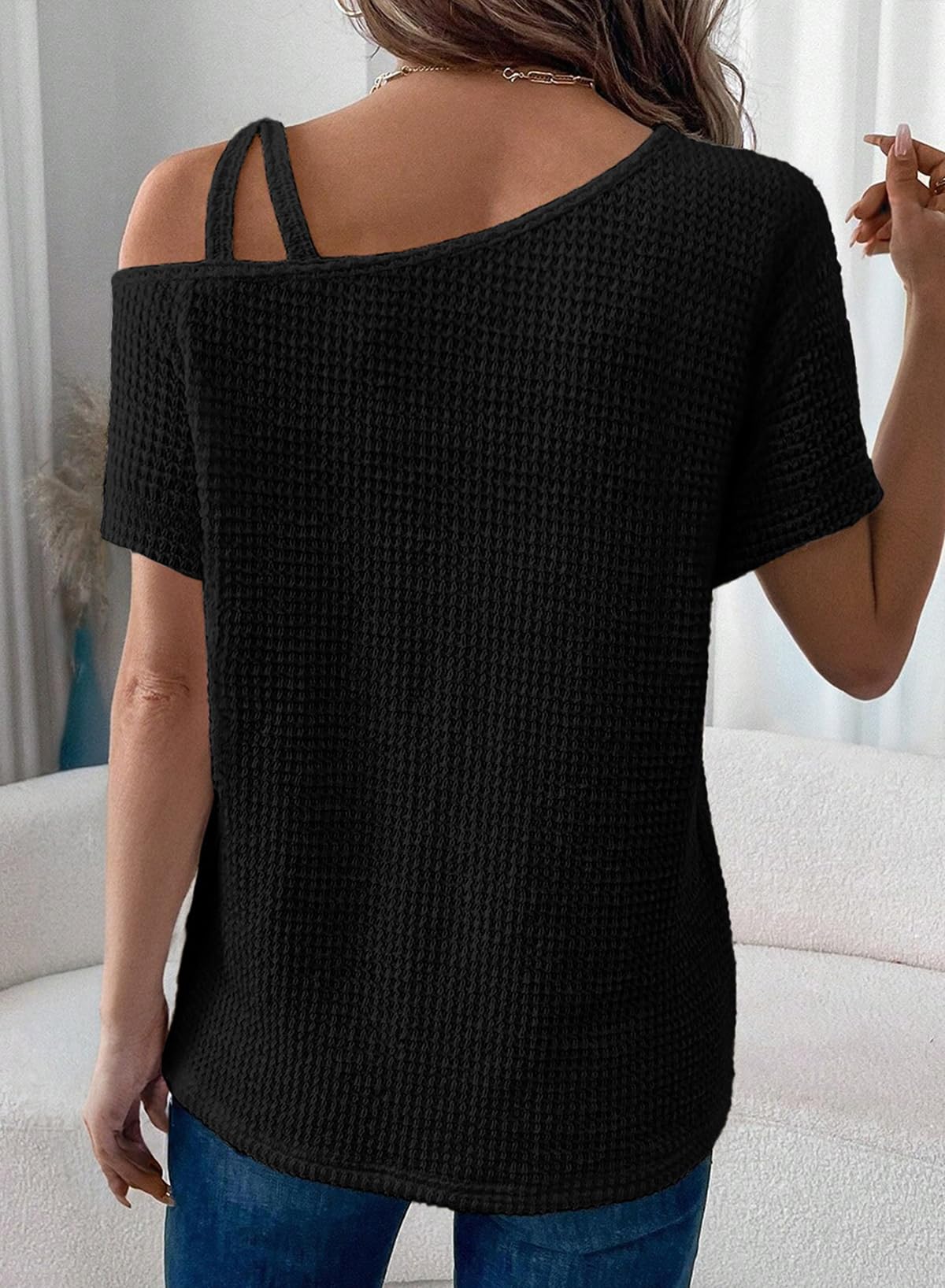 Dokotoo Women's Summer One Shoulder Waffle Knit Short Sleeve T-Shirt - Casual Lightweight Solid Color Blouse for Beach, Vacation & Everyday Wear