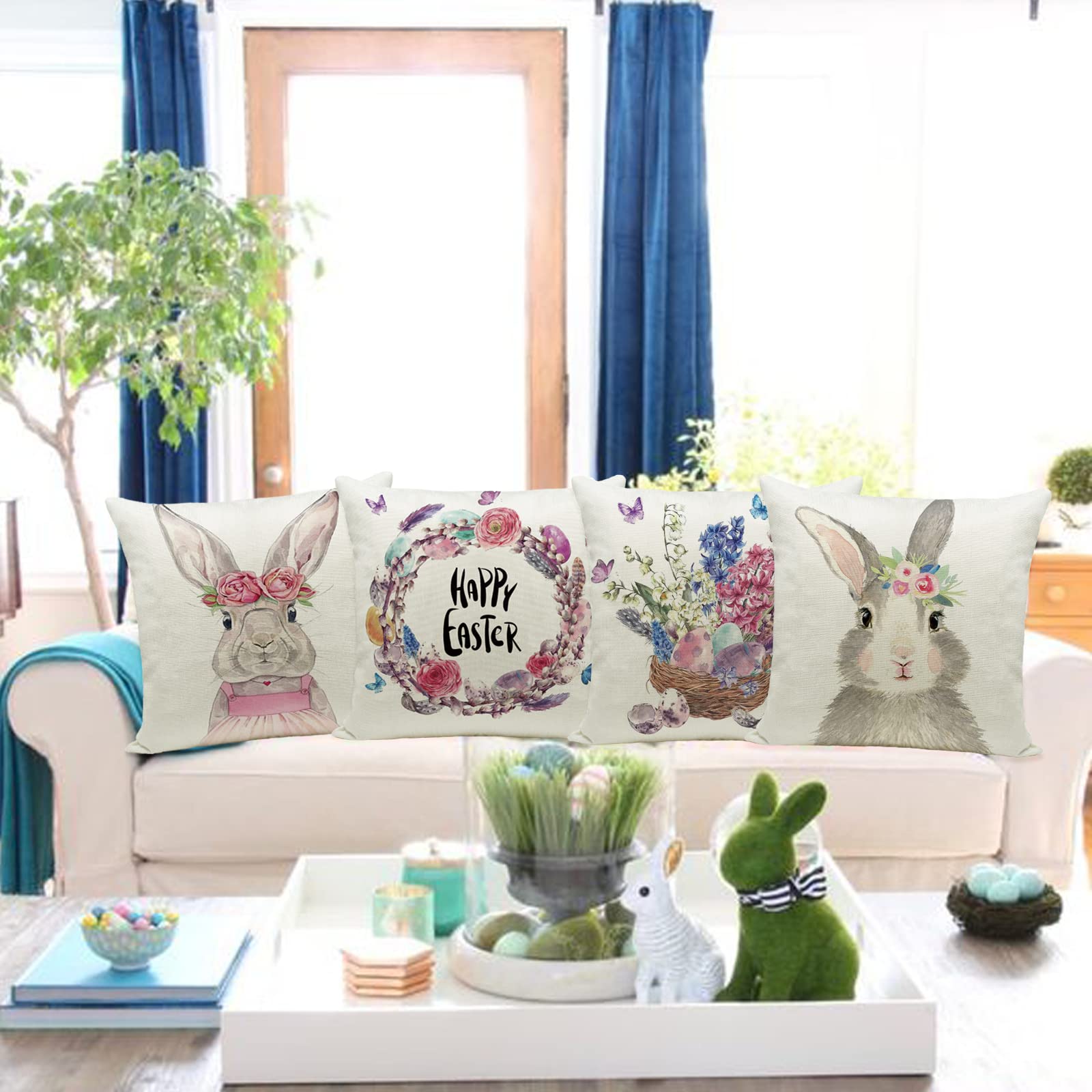 Easter Pillow Covers 16x16 Inch Set of 4 - Rabbit Bunny with Eggs Design, Cotton Linen Blend Square Throw Pillow Cases with Zipper Closure - Perfect for Spring Home Decor, Easter Party, Living Room & Bedroom Accents